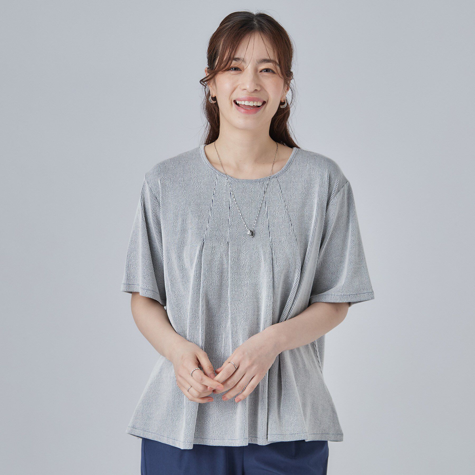 SHOO･LA･RUE「【洗濯機可/S-LL】インせずすっきり見え ストライプ柄タックトップス」|Tシャツ・カットソー|