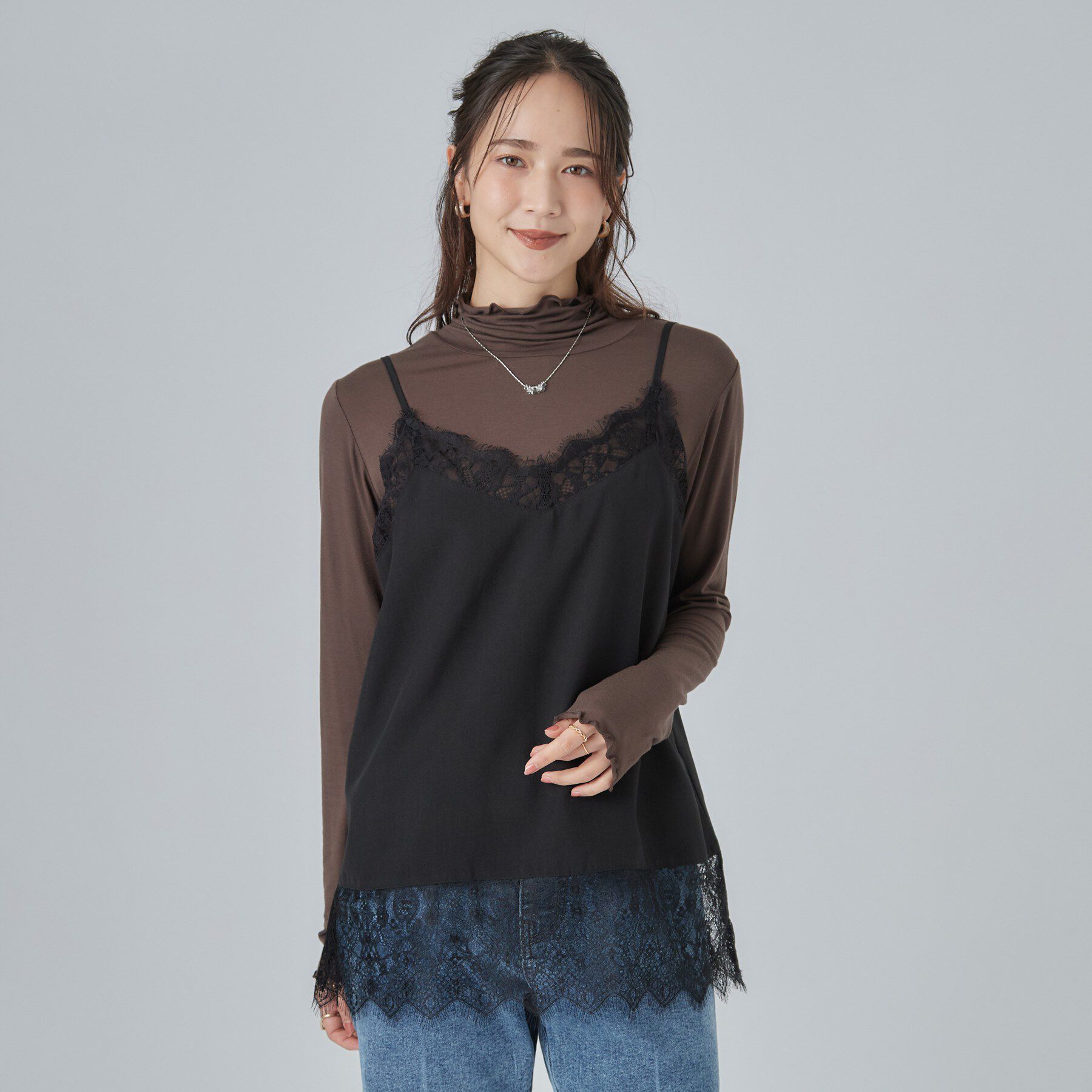 SHOO･LA･RUE「【洗濯機可/S-LL】体型カバーしながらこなれ見え。レース付きキャミソール」|Tシャツ・カットソー|
