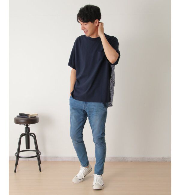 ikka「ストライプブロード切り替えTシャツ」|Tシャツ・カットソー|