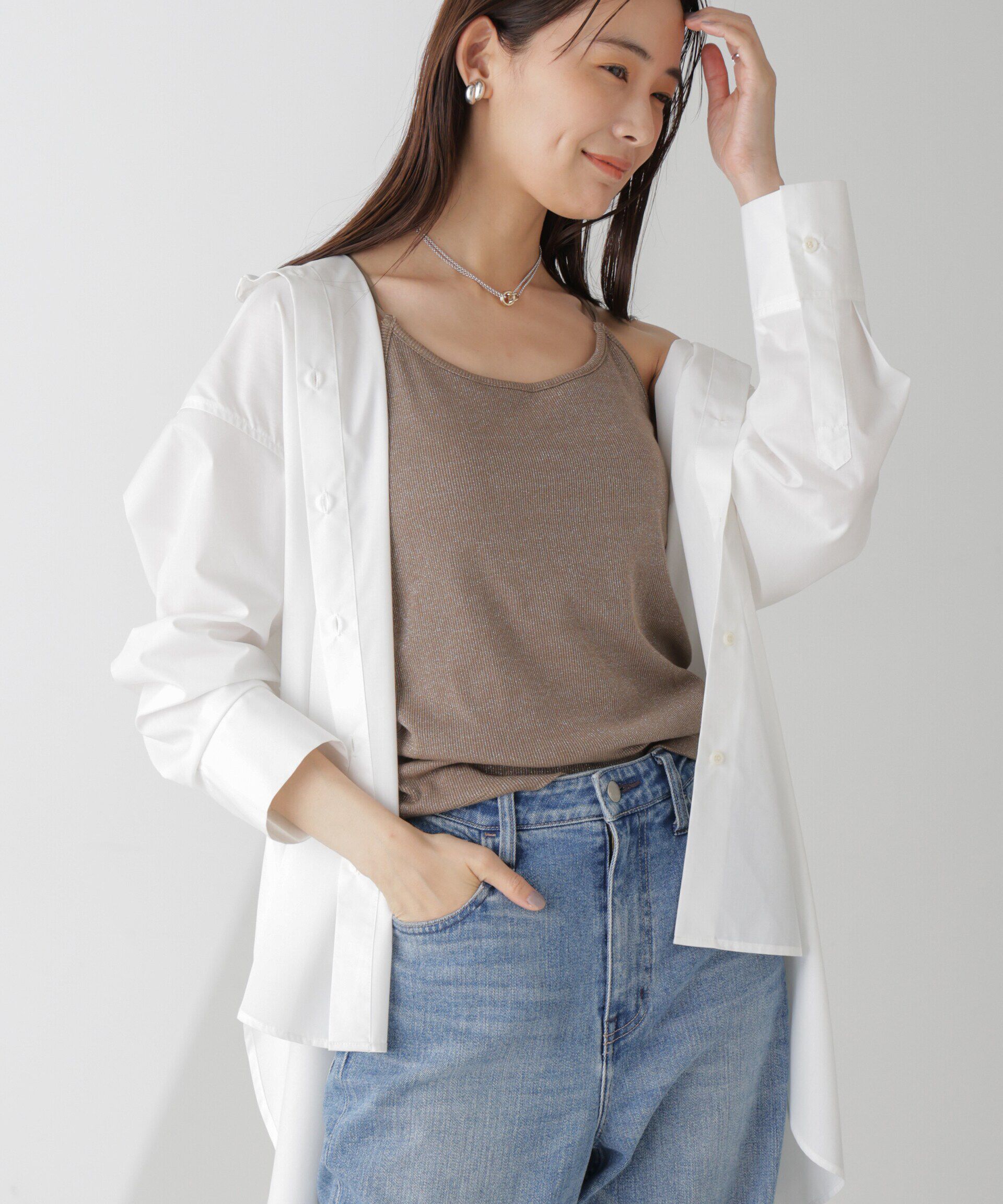nano･universe「ラメテレコカップ付きバッククロスキャミソール」|Tシャツ・カットソー|モカ3