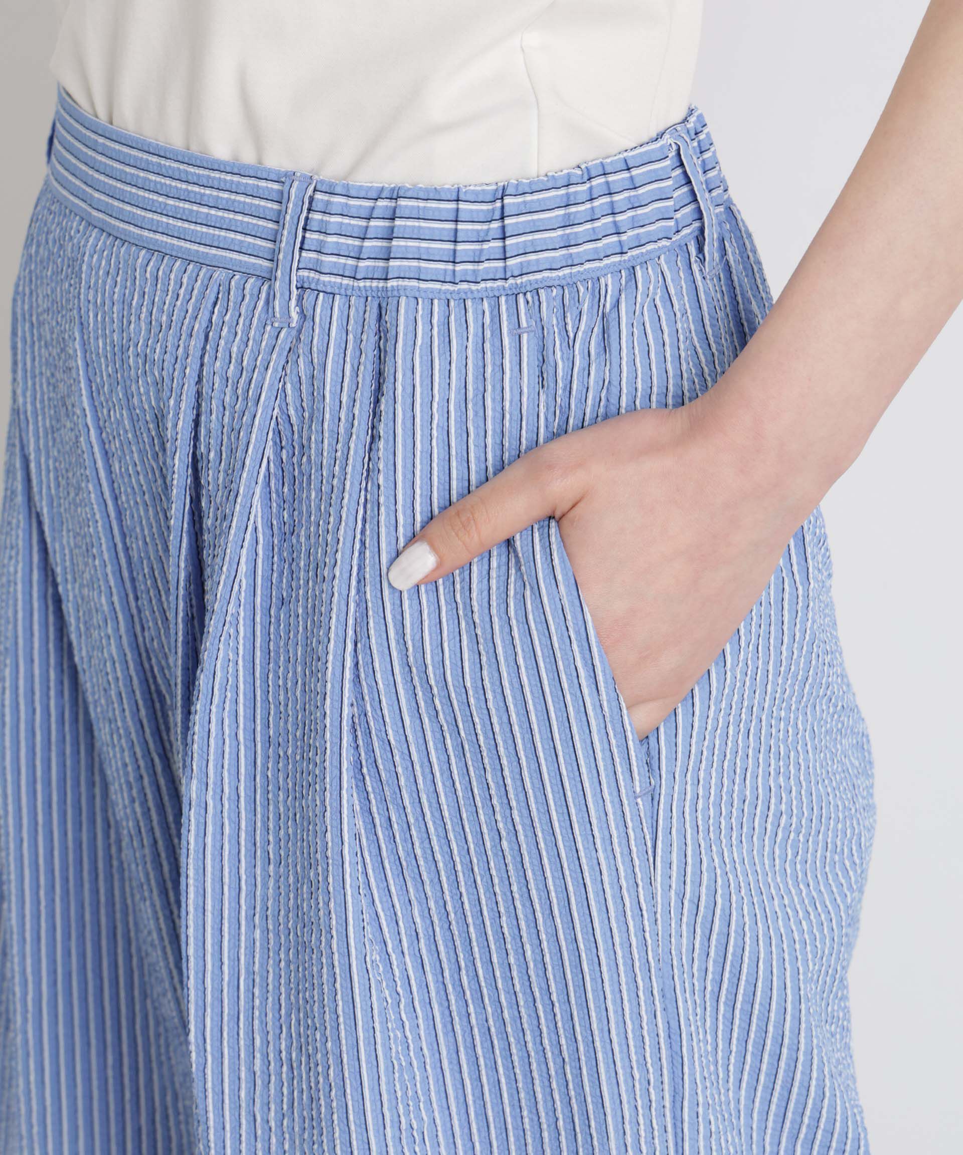 NANO universe「THOUSAND MILE/SEERSUCKER STRIPE WIDE PANTS(セットアップ可)」|チノ|