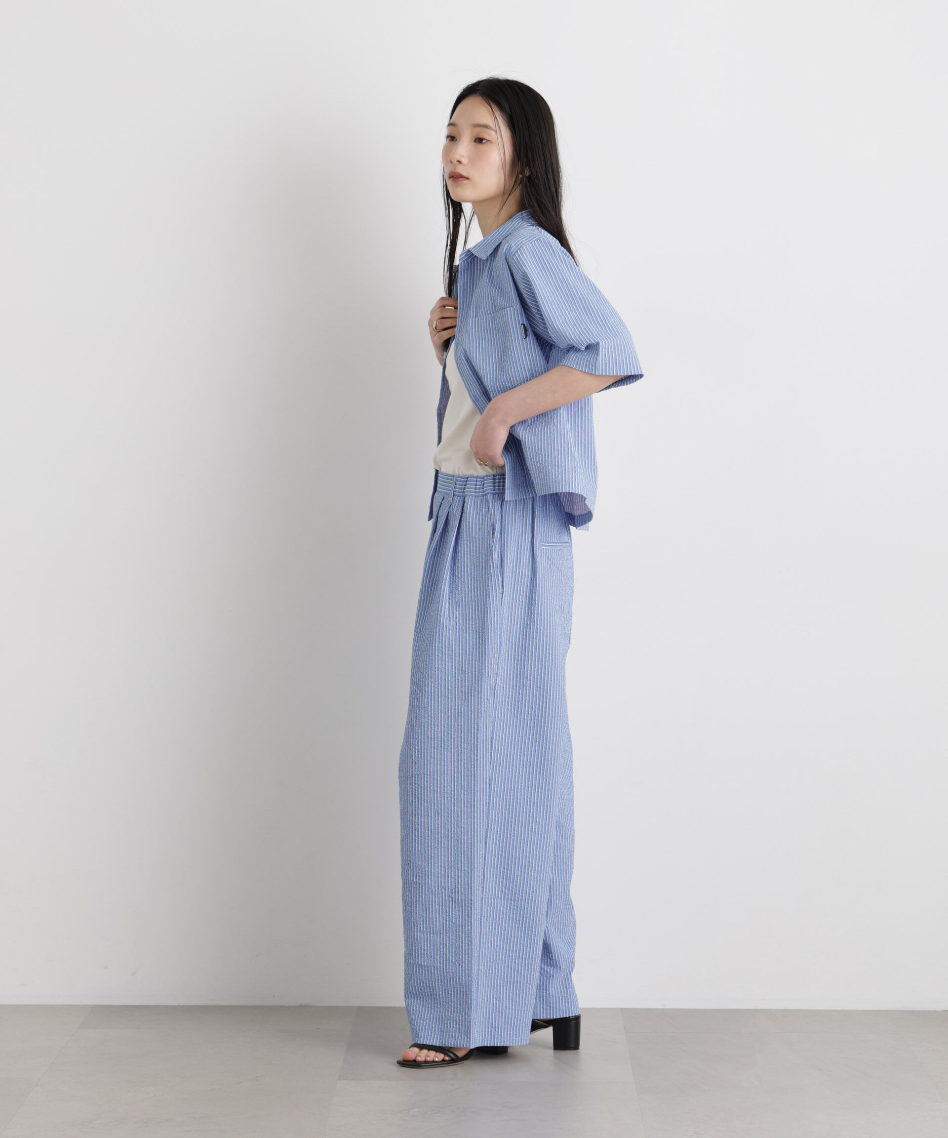 NANO universe「THOUSAND MILE/SEERSUCKER STRIPE WIDE PANTS(セットアップ可)」|チノ|