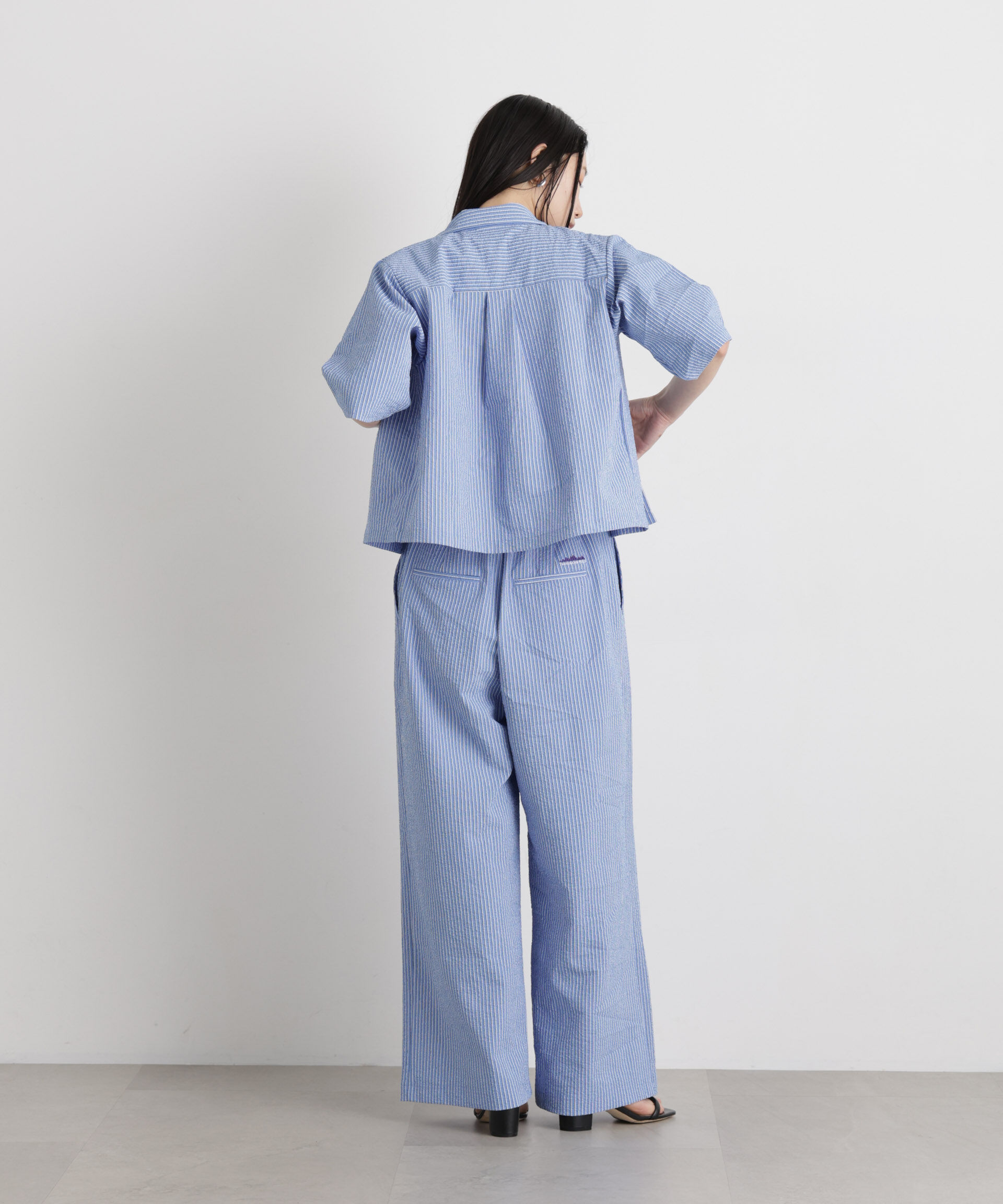 NANO universe「THOUSAND MILE/SEERSUCKER STRIPE WIDE PANTS(セットアップ可)」|チノ|