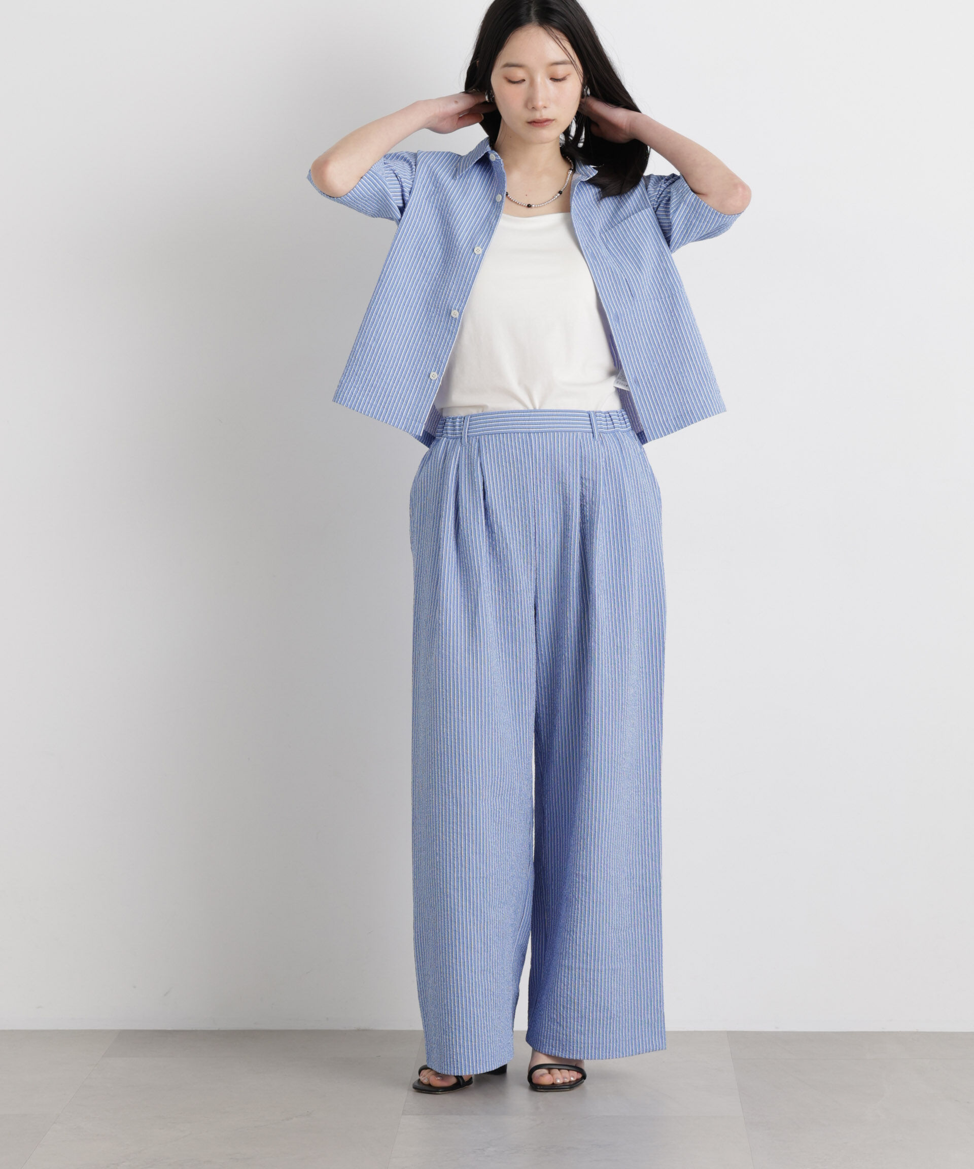NANO universe「THOUSAND MILE/SEERSUCKER STRIPE WIDE PANTS(セットアップ可)」|チノ|