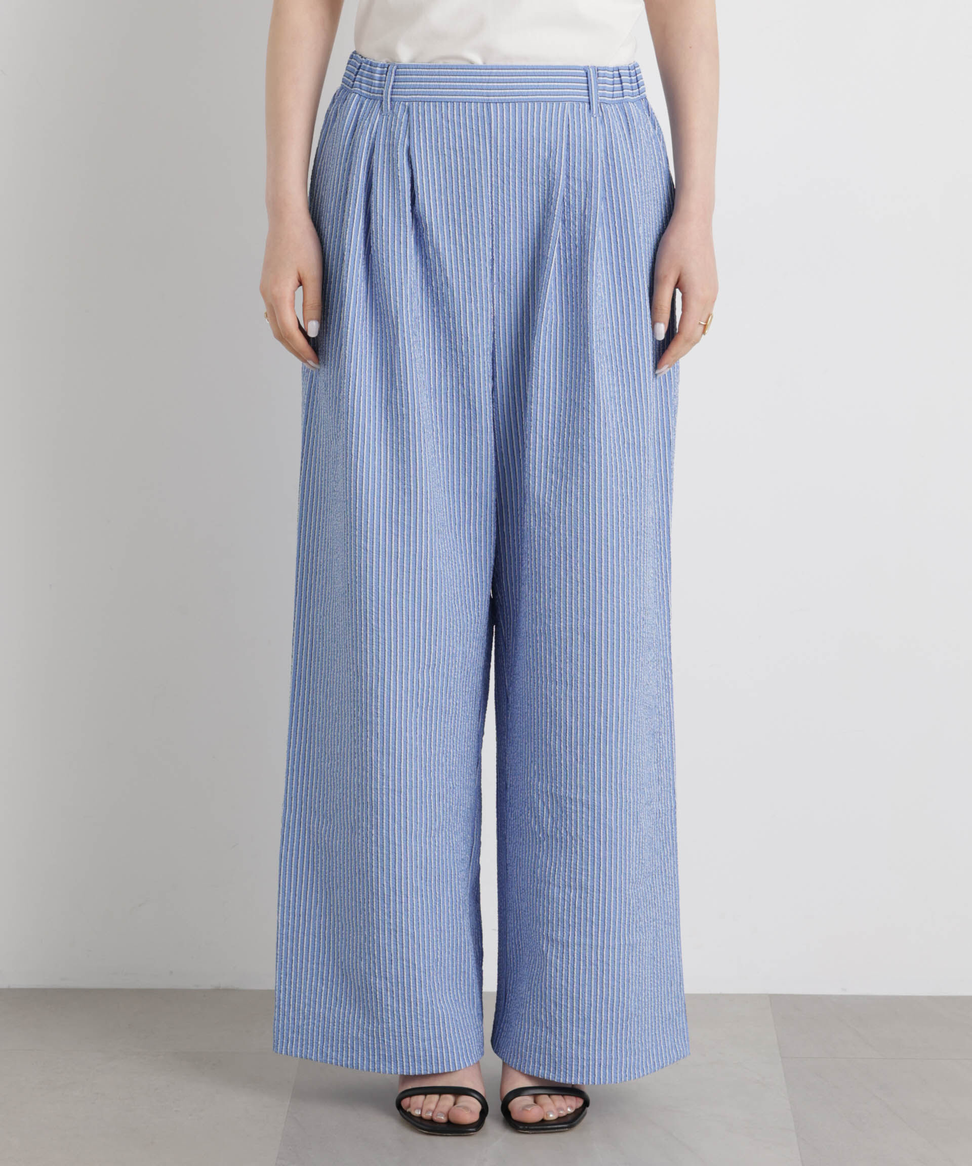 NANO universe「THOUSAND MILE/SEERSUCKER STRIPE WIDE PANTS(セットアップ可)」|チノ|