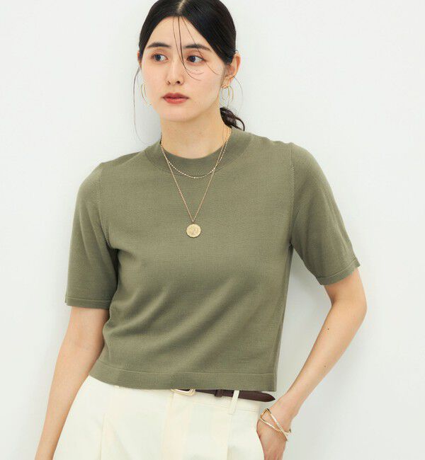 NOLLEY'S sophi「《抗ピンリング/アンサンブル対応/手洗い可能》ウール100ハイネック5分袖プルオーバー」|ニット・セーター|オリーブ