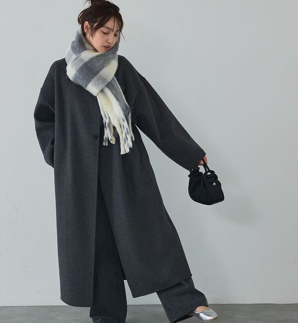 abahouse mavie「【体型カバー】ノーカラーロングコート/冬服/長袖/フォーマル/セミオケ/ウール混」|ノーカラーコート|