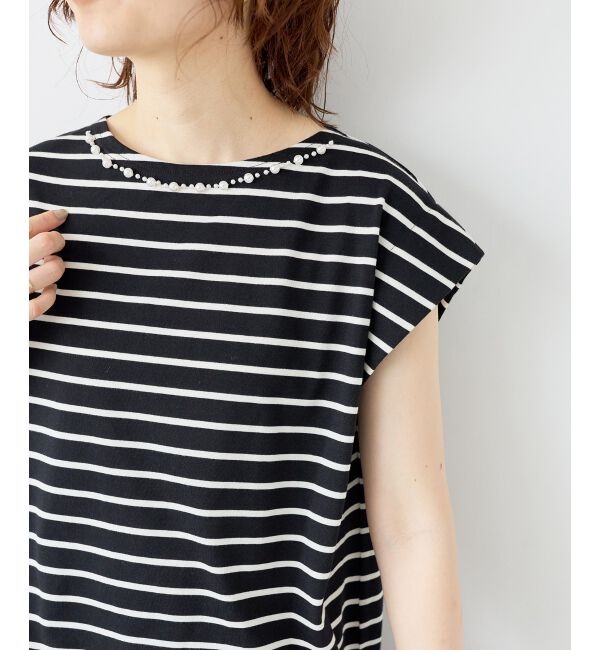  「パールネックフレンチスリーブカットソー」|Tシャツ・カットソー|ブラック柄