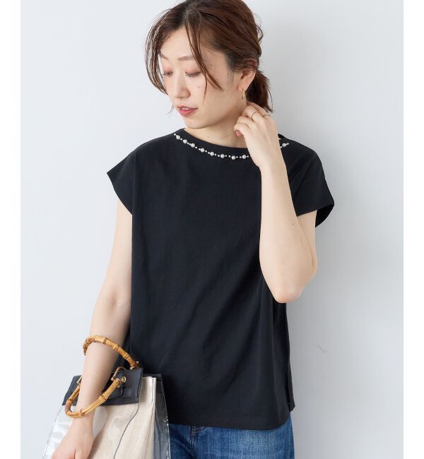  「パールネックフレンチスリーブカットソー」|Tシャツ・カットソー|ブラック