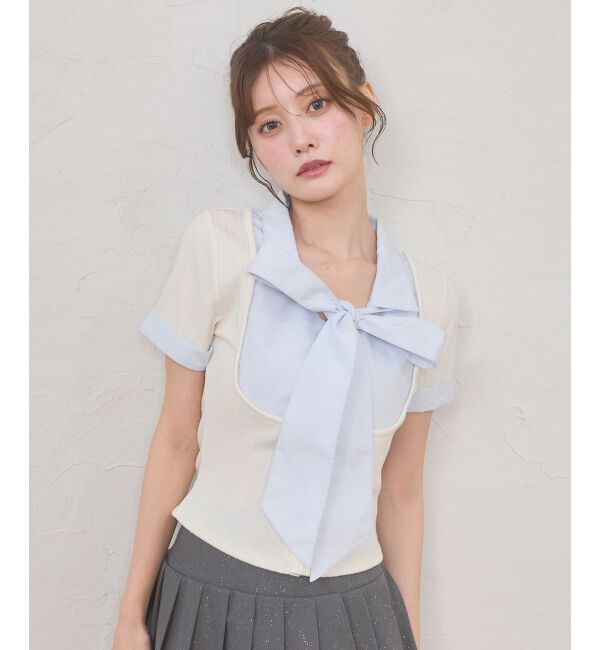  「2wayリボンレイヤードライクトップス」|Tシャツ・カットソー|