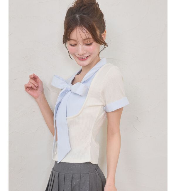  「2wayリボンレイヤードライクトップス」|Tシャツ・カットソー|