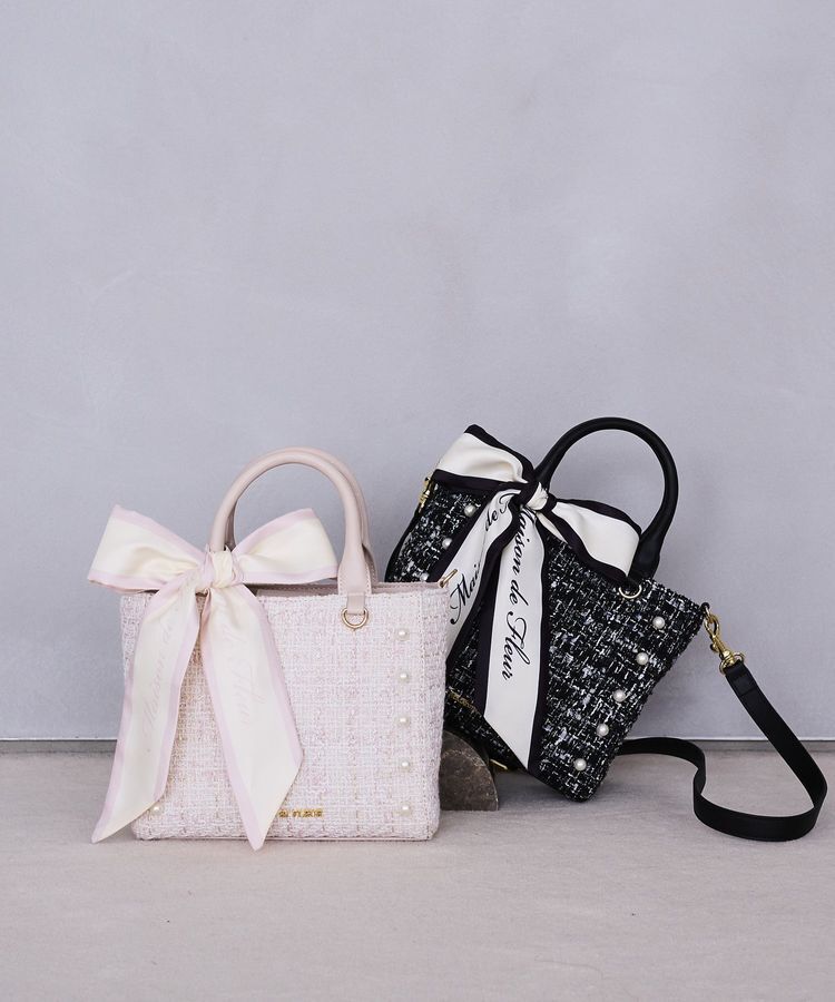 Maison de FLEUR「【2Way】スカーフ付きツイードスクエアトート」|ハンドバッグ|