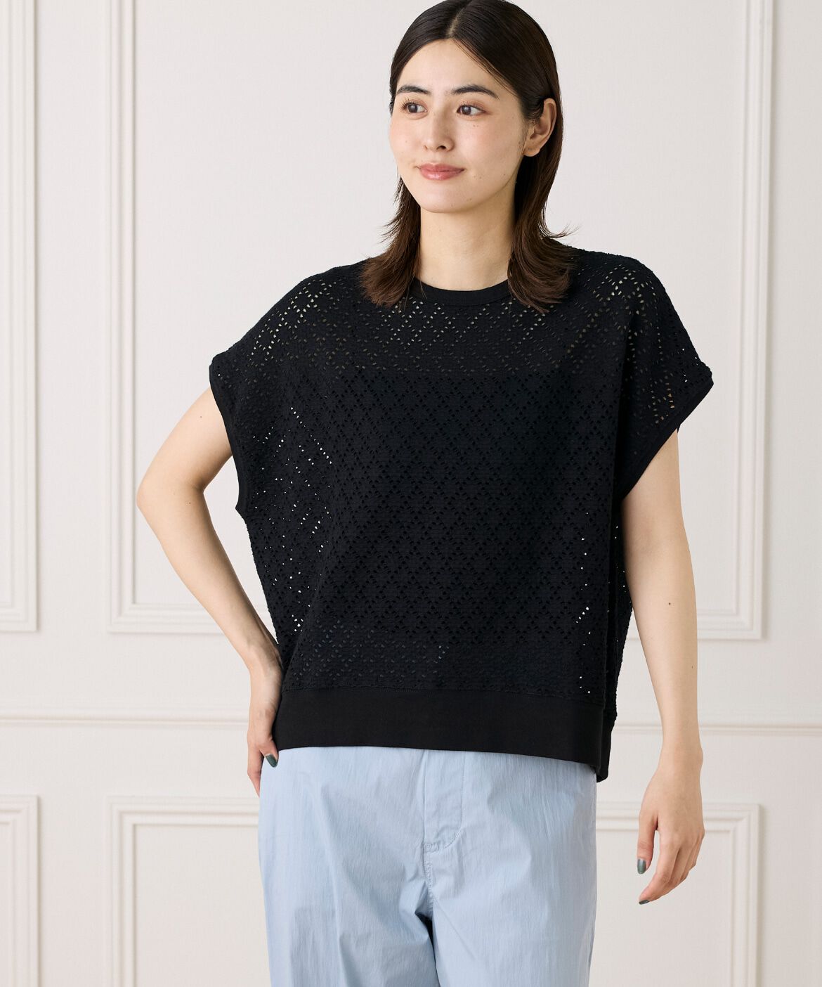 7-IDconcept.「《大きいサイズ》アイレット天竺カットプルオーバー」|Tシャツ・カットソー|ブラック