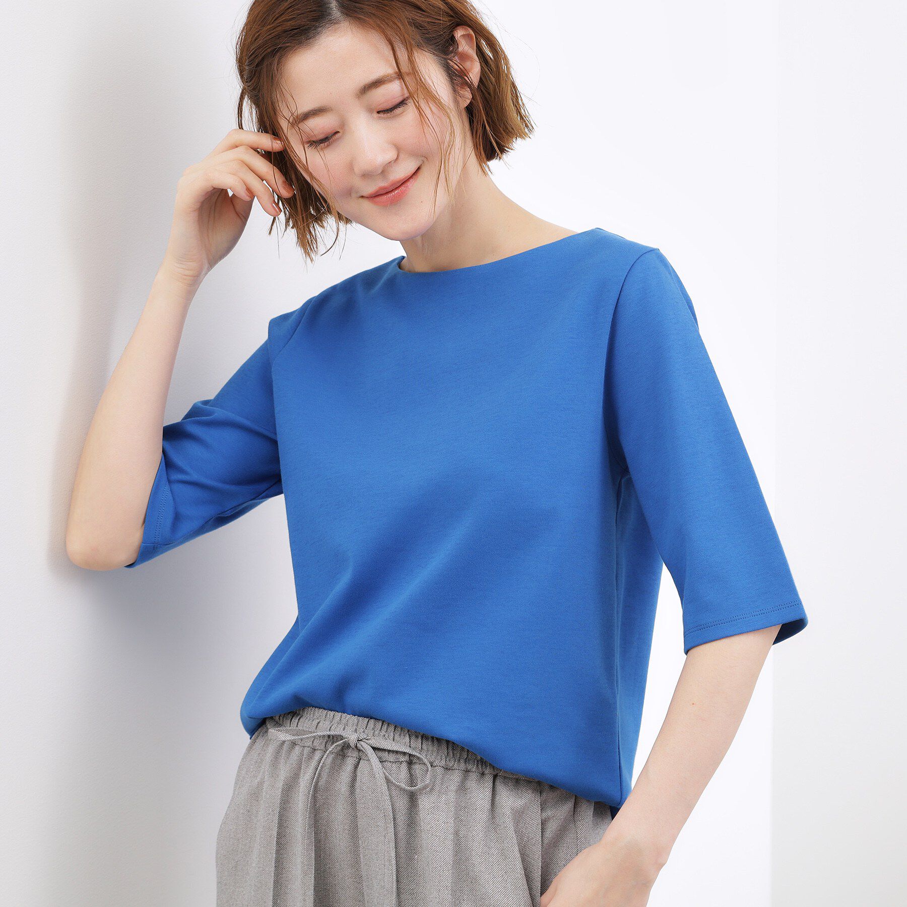 grove「【二の腕カバー/すっきり見え・抗菌防臭/UVカット】きちんと素材のボートネックTシャツ」|Tシャツ・カットソー|ブルー(093)