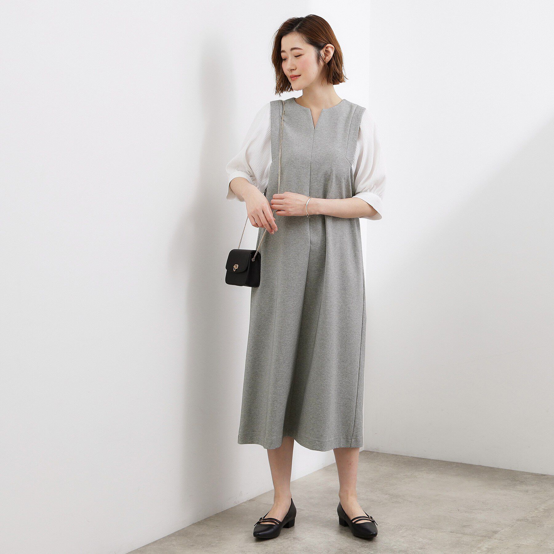 grove「高評価！【体型カバー/洗える】袖布帛ポンチワンピース」|ワンピース|