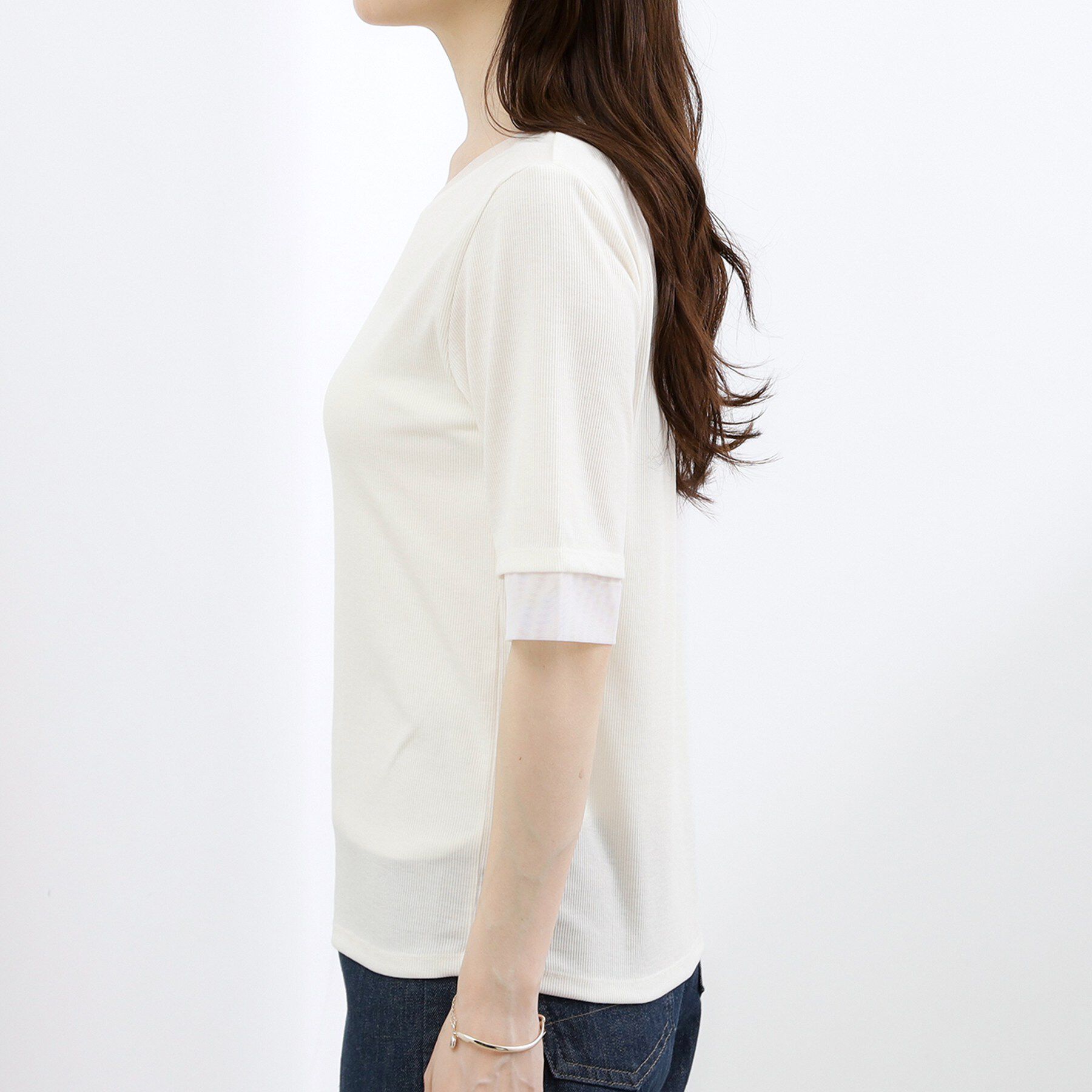 grove「【ひんやり・UVカット】チュールトリミング5分袖Tシャツ」|Tシャツ・カットソー|