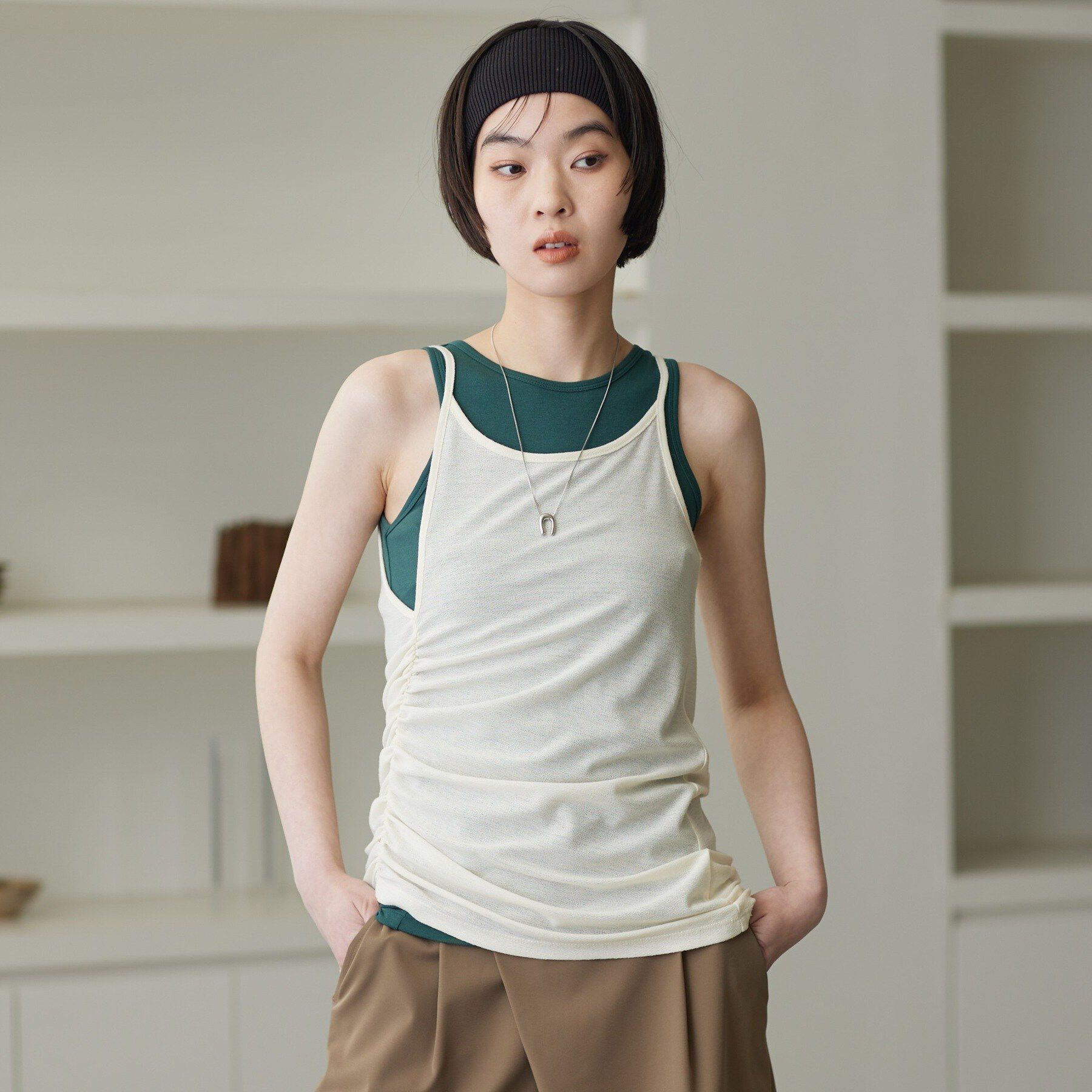 GALLEST「シャーリングレイヤータンク」|Tシャツ・カットソー|アイボリー(004)