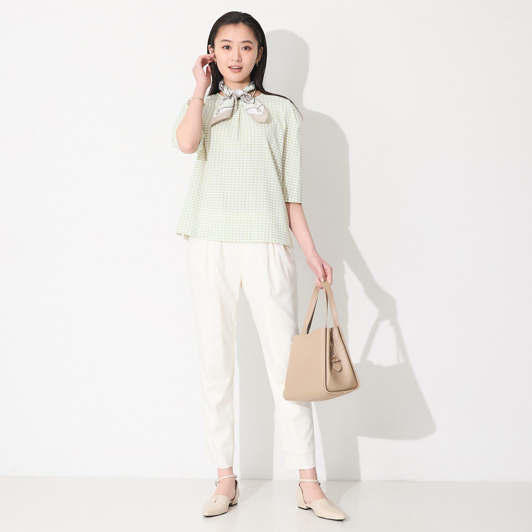 INDIVI「【UVケア／吸汗速乾】チェック柄タックボリュームスリーブトップス」|Tシャツ・カットソー|