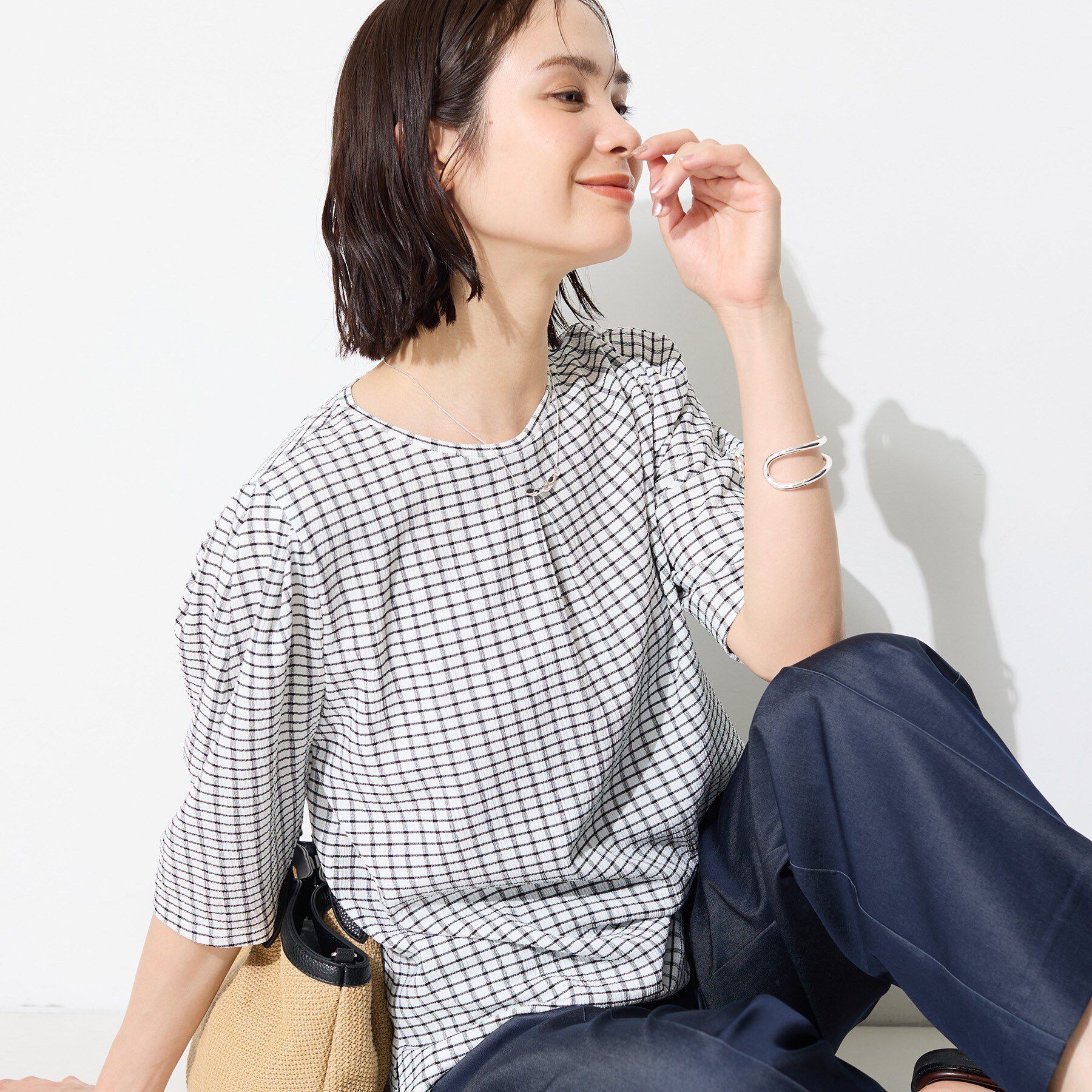 INDIVI「【UVケア／吸汗速乾】チェック柄タックボリュームスリーブトップス」|Tシャツ・カットソー|