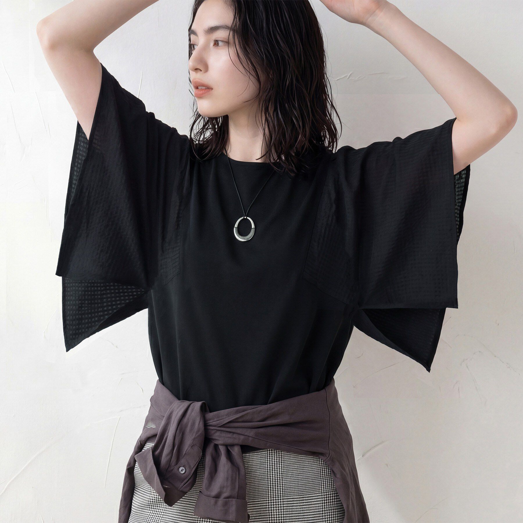 INDIVI「【洗える／シアーチェック柄】異素材コンビスリーブトップス」|Tシャツ・カットソー|