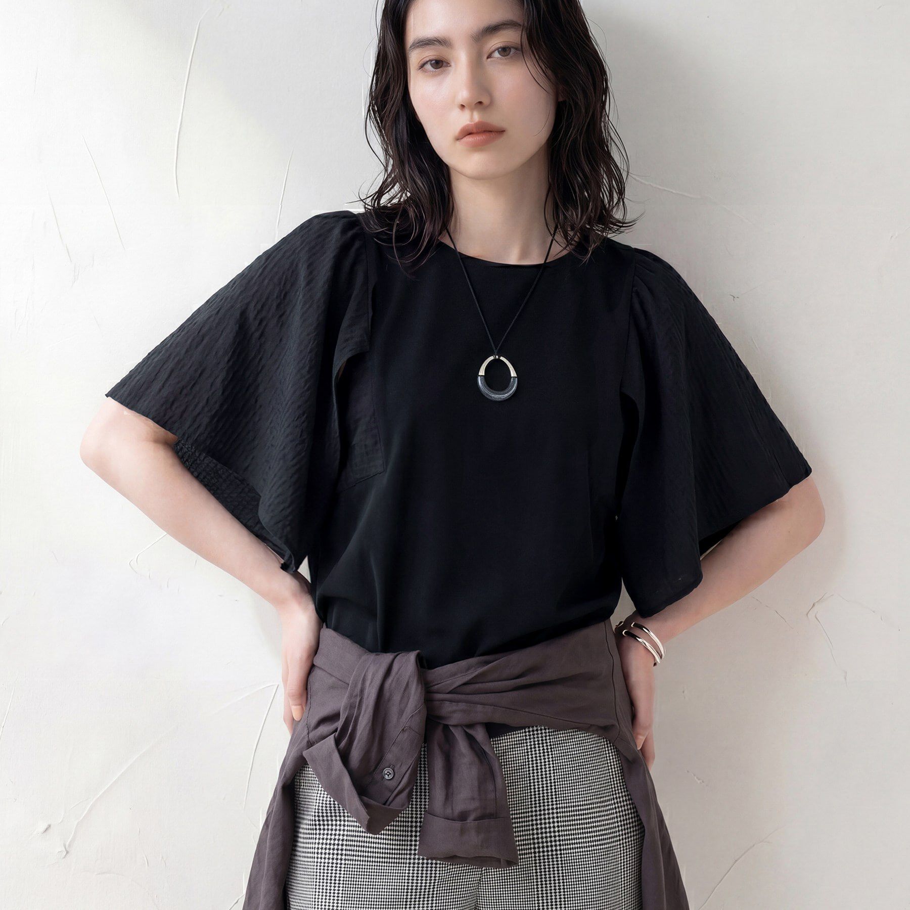 INDIVI「【洗える／シアーチェック柄】異素材コンビスリーブトップス」|Tシャツ・カットソー|