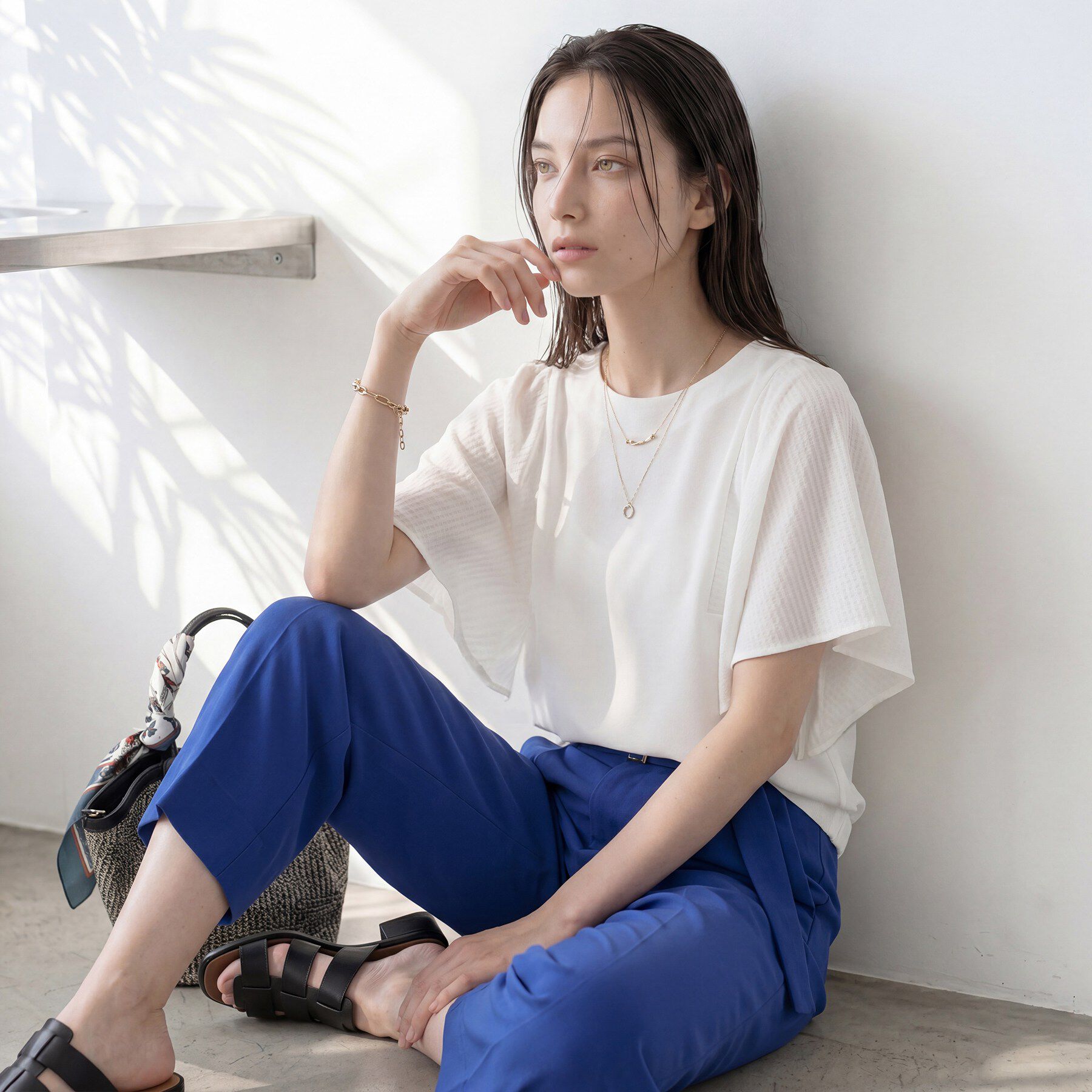 INDIVI「【洗える／シアーチェック柄】異素材コンビスリーブトップス」|Tシャツ・カットソー|