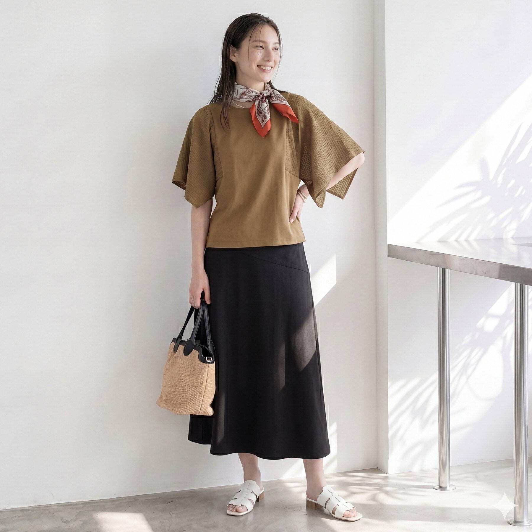 INDIVI「【洗える／シアーチェック柄】異素材コンビスリーブトップス」|Tシャツ・カットソー|