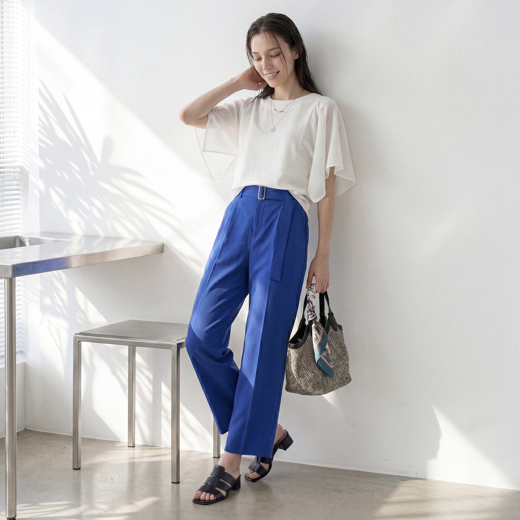 INDIVI「【洗える／シアーチェック柄】異素材コンビスリーブトップス」|Tシャツ・カットソー|