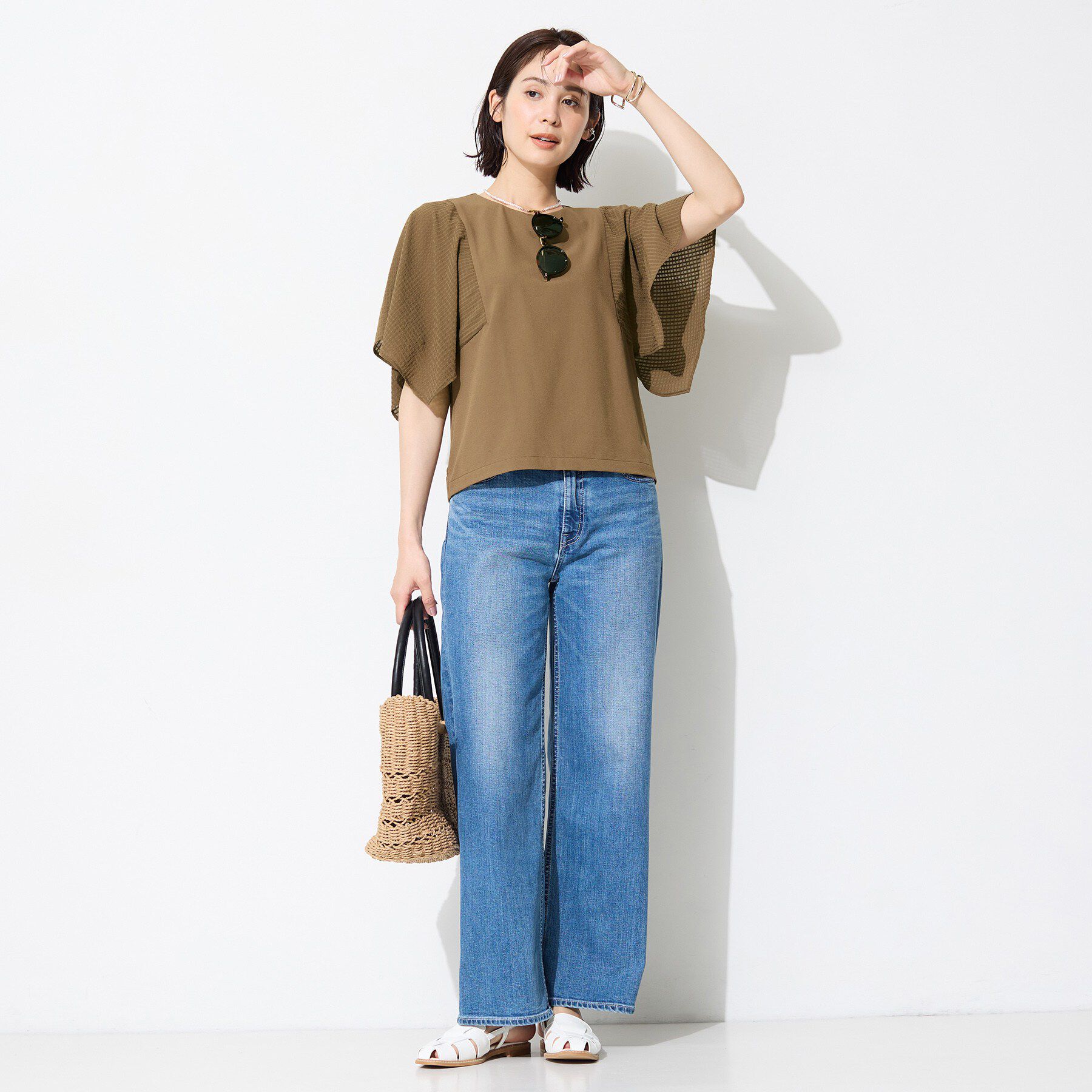 INDIVI「【洗える／シアーチェック柄】異素材コンビスリーブトップス」|Tシャツ・カットソー|