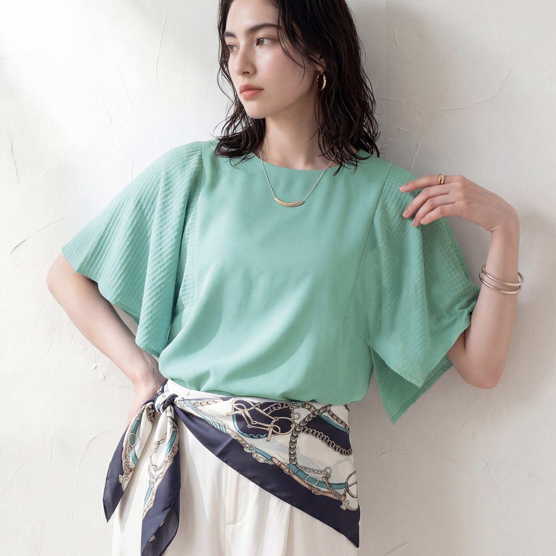 INDIVI「【洗える／シアーチェック柄】異素材コンビスリーブトップス」|Tシャツ・カットソー|