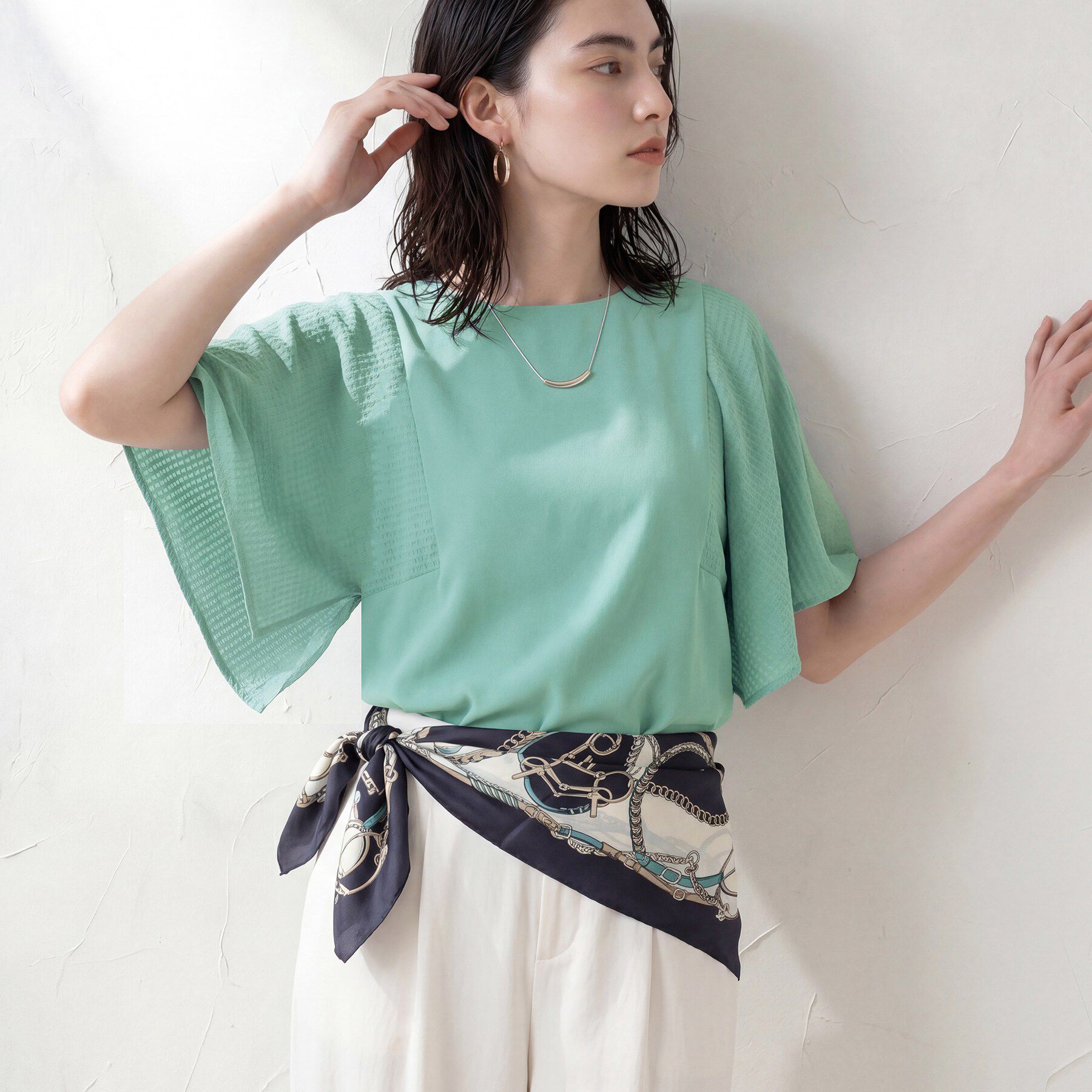 INDIVI「【洗える／シアーチェック柄】異素材コンビスリーブトップス」|Tシャツ・カットソー|