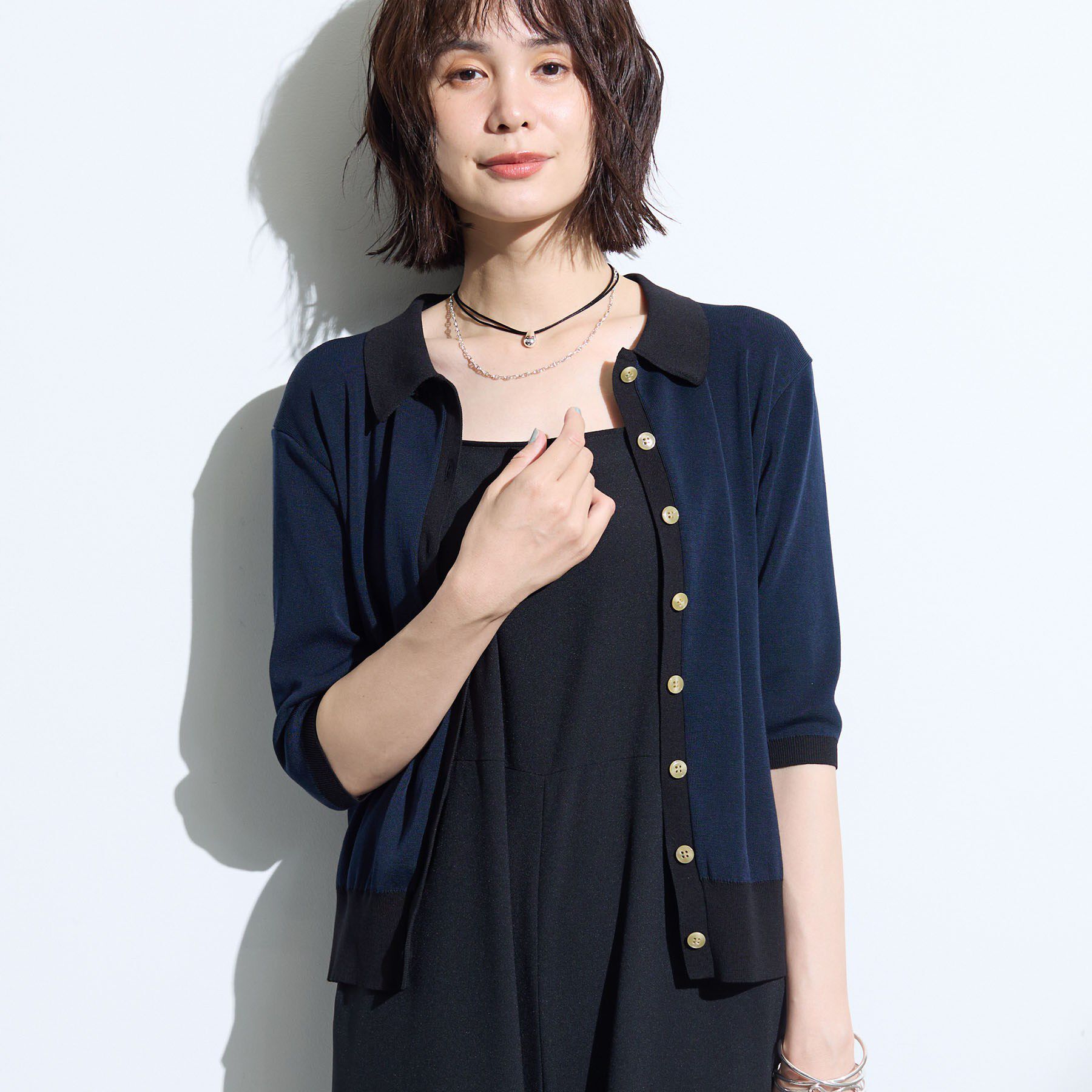 INDIVI「【バイカラー】衿付きシャツ風ニット」|ニット・セーター|ネイビー(594)