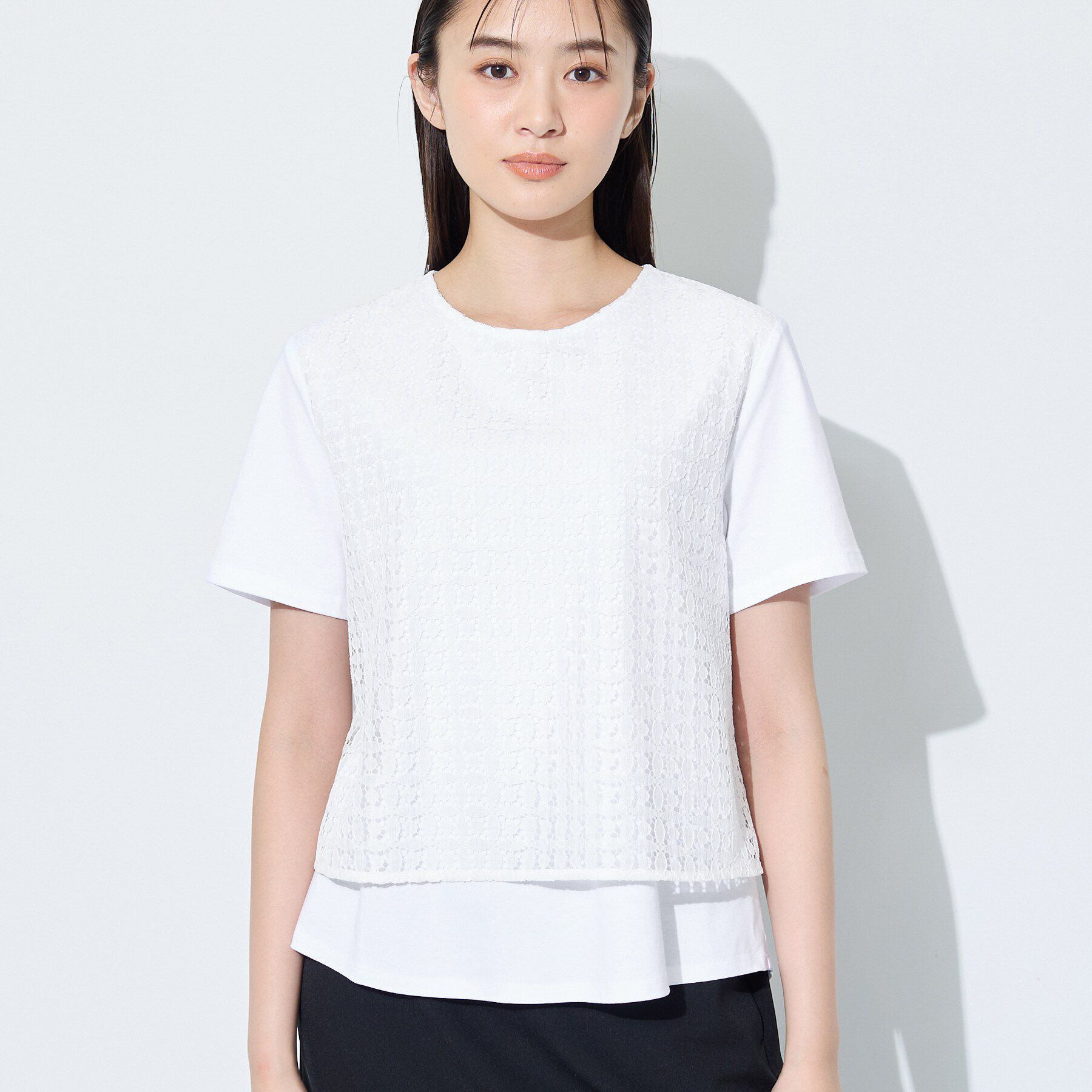 INDIVI「【洗える】レイヤード風レースコンビTシャツ」|Tシャツ・カットソー|