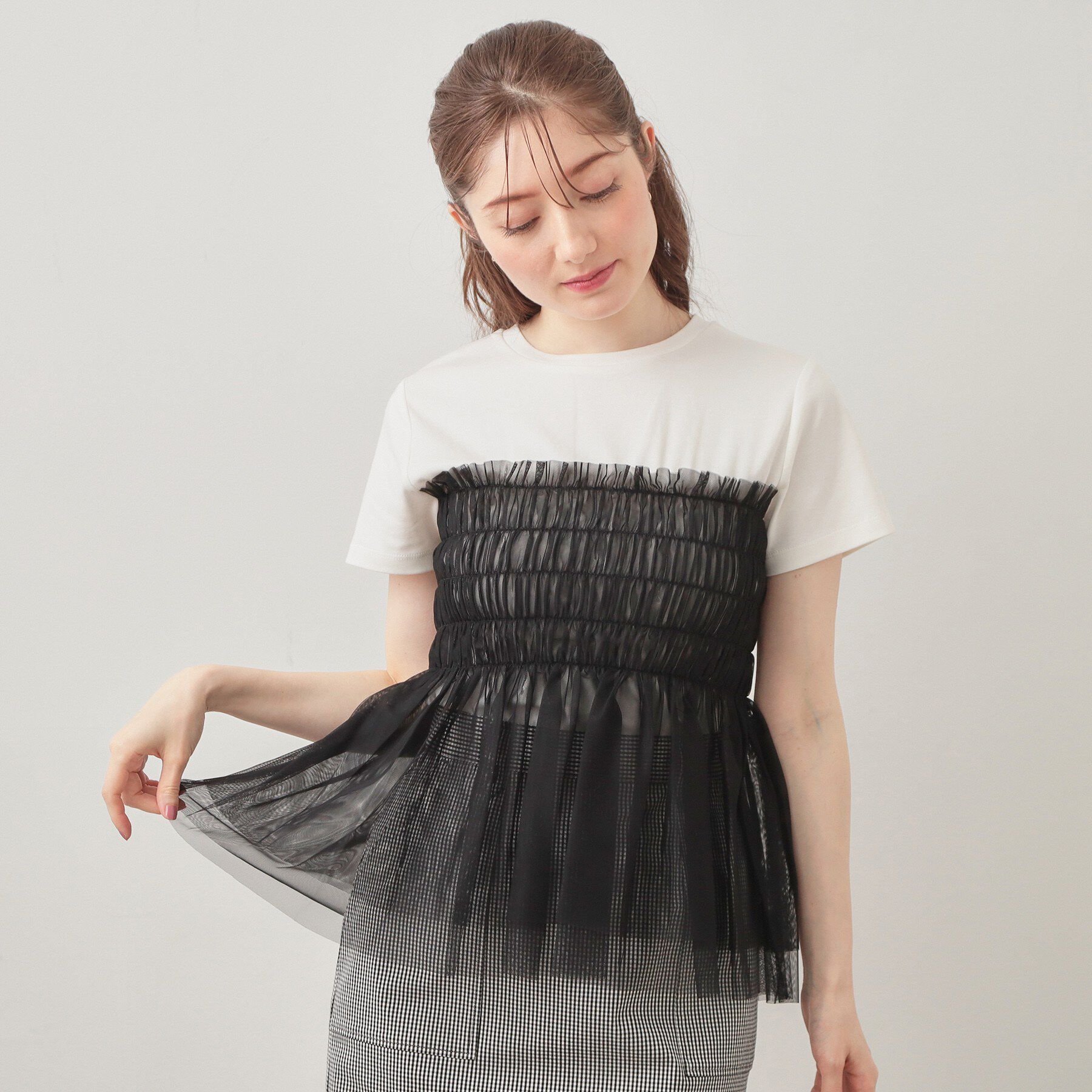 index「チュールペプラムトップス【洗濯機OK／接触冷感／UVケア】」|Tシャツ・カットソー|