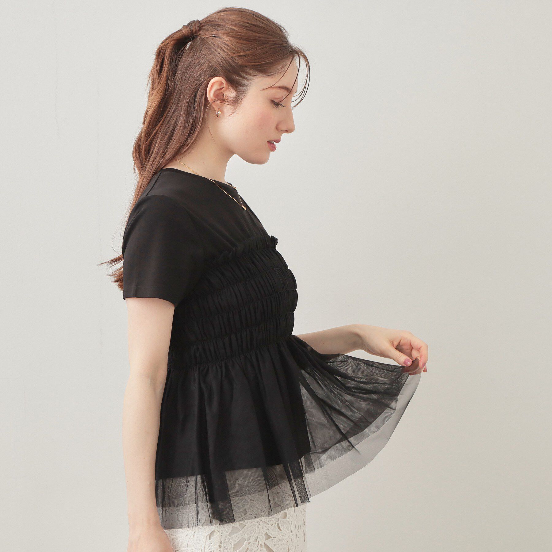 index「チュールペプラムトップス【洗濯機OK／接触冷感／UVケア】」|Tシャツ・カットソー|