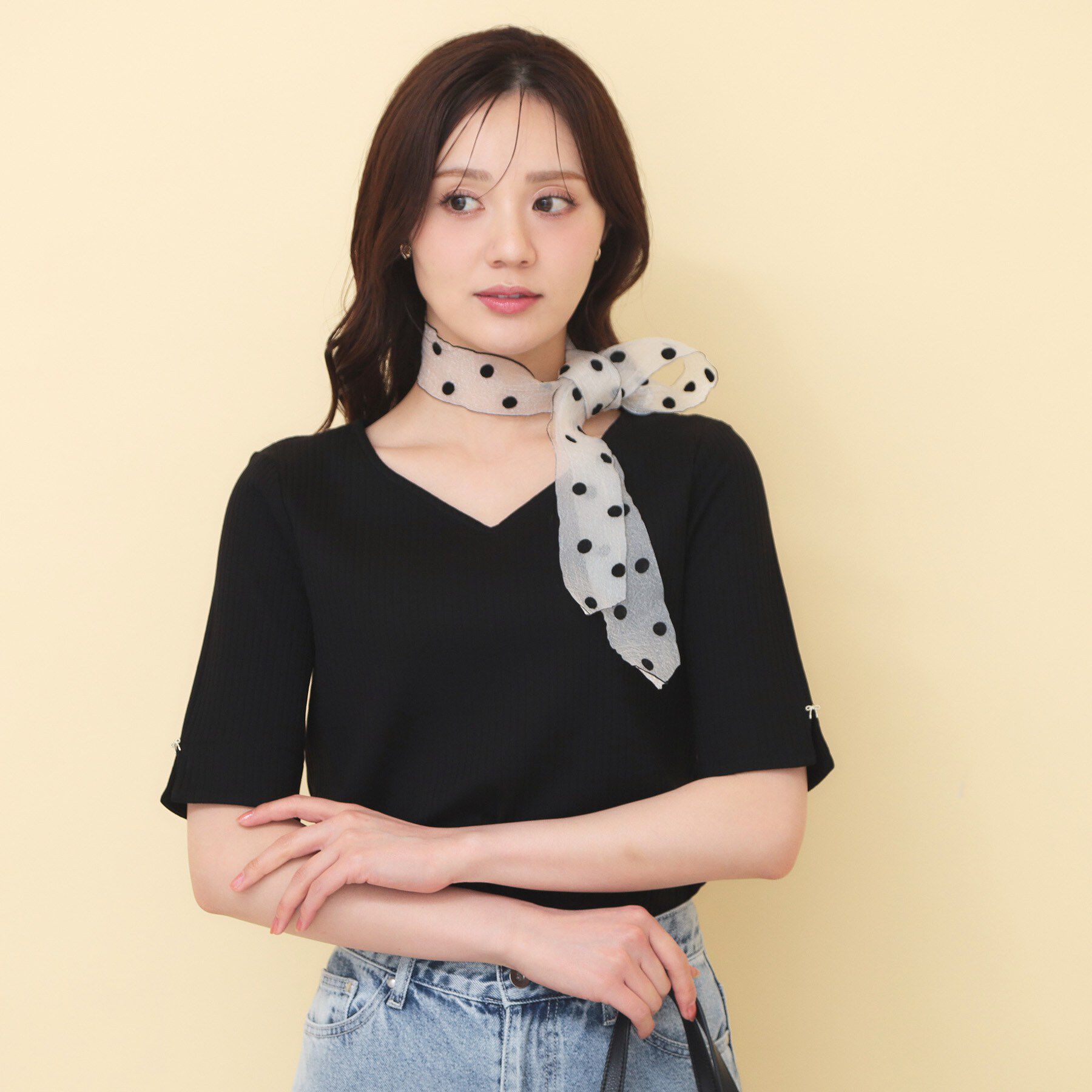 index「【接触冷感】ハートネックリボンボタンワイドリブ《UVケア／洗濯機OK》」|Tシャツ・カットソー|ブラック(019)