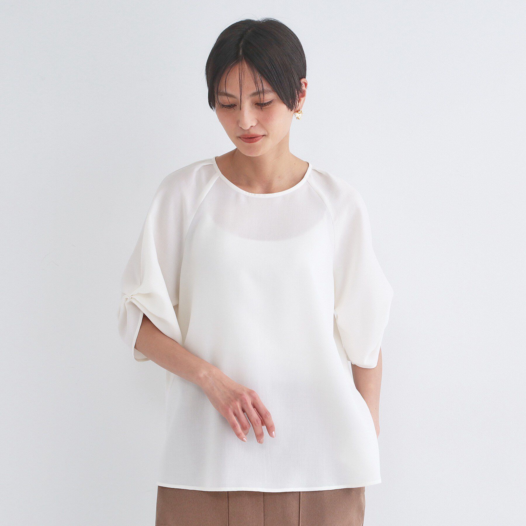 OPAQUE.CLIP「【接触冷感／吸水速乾】リネンライク タックスリーブブラウス《セットアップ対応／洗濯機OK》」|シャツ・ブラウス|