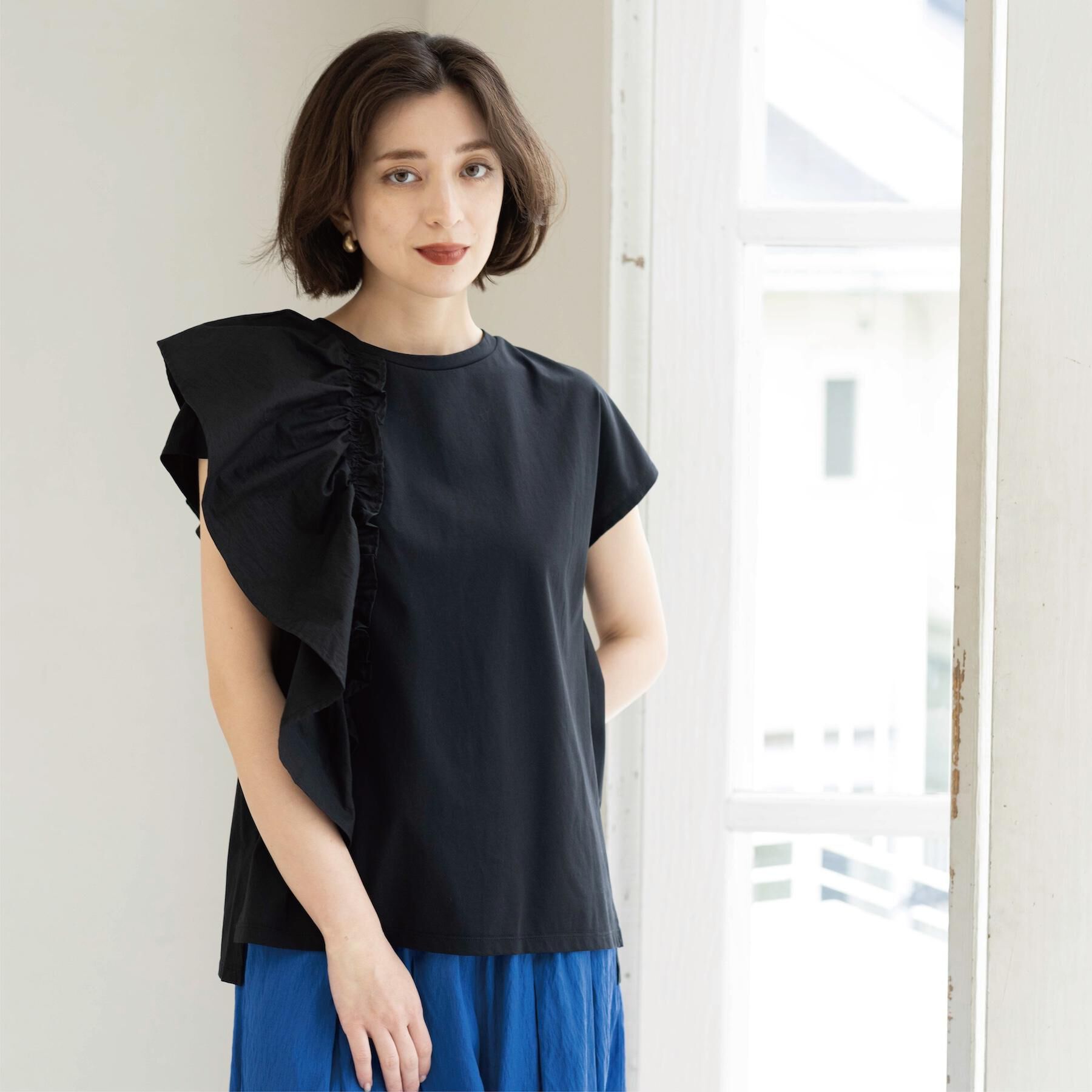 OPAQUE.CLIP「【UVケア／接触冷感】アシメフリルドッキングカットソー《洗濯機OK》」|Tシャツ・カットソー|