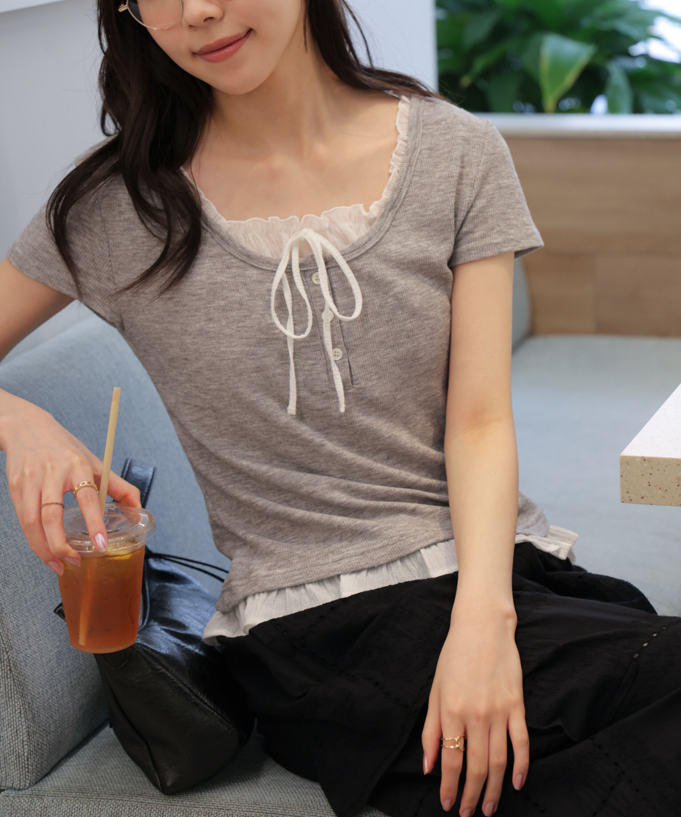  「フェイクレイヤードフリルリボンフレンチスリーブカットソー」|Tシャツ・カットソー|