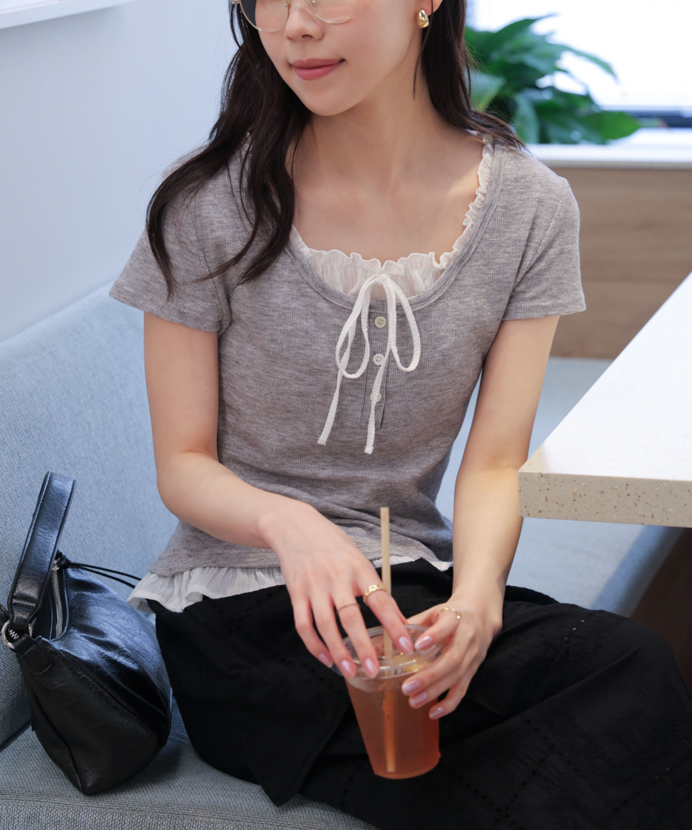  「フェイクレイヤードフリルリボンフレンチスリーブカットソー」|Tシャツ・カットソー|
