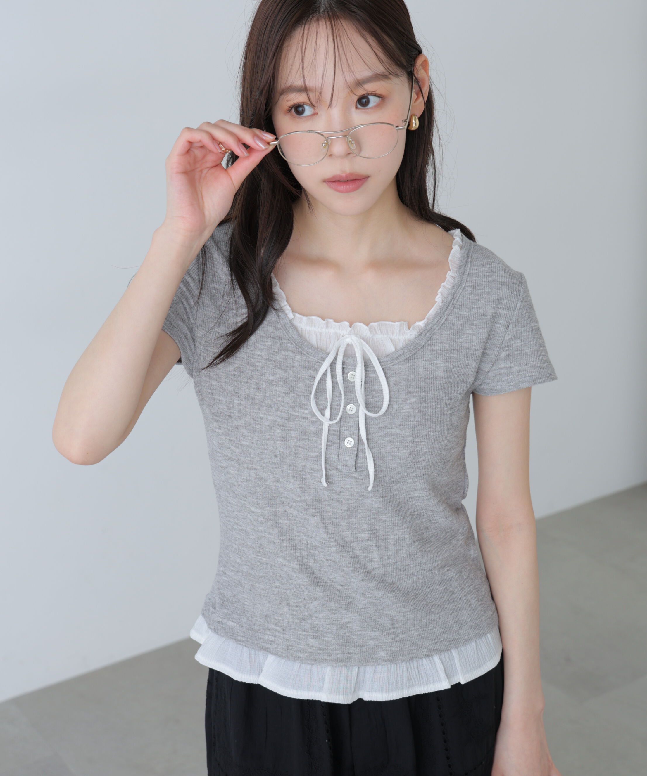  「フェイクレイヤードフリルリボンフレンチスリーブカットソー」|Tシャツ・カットソー|