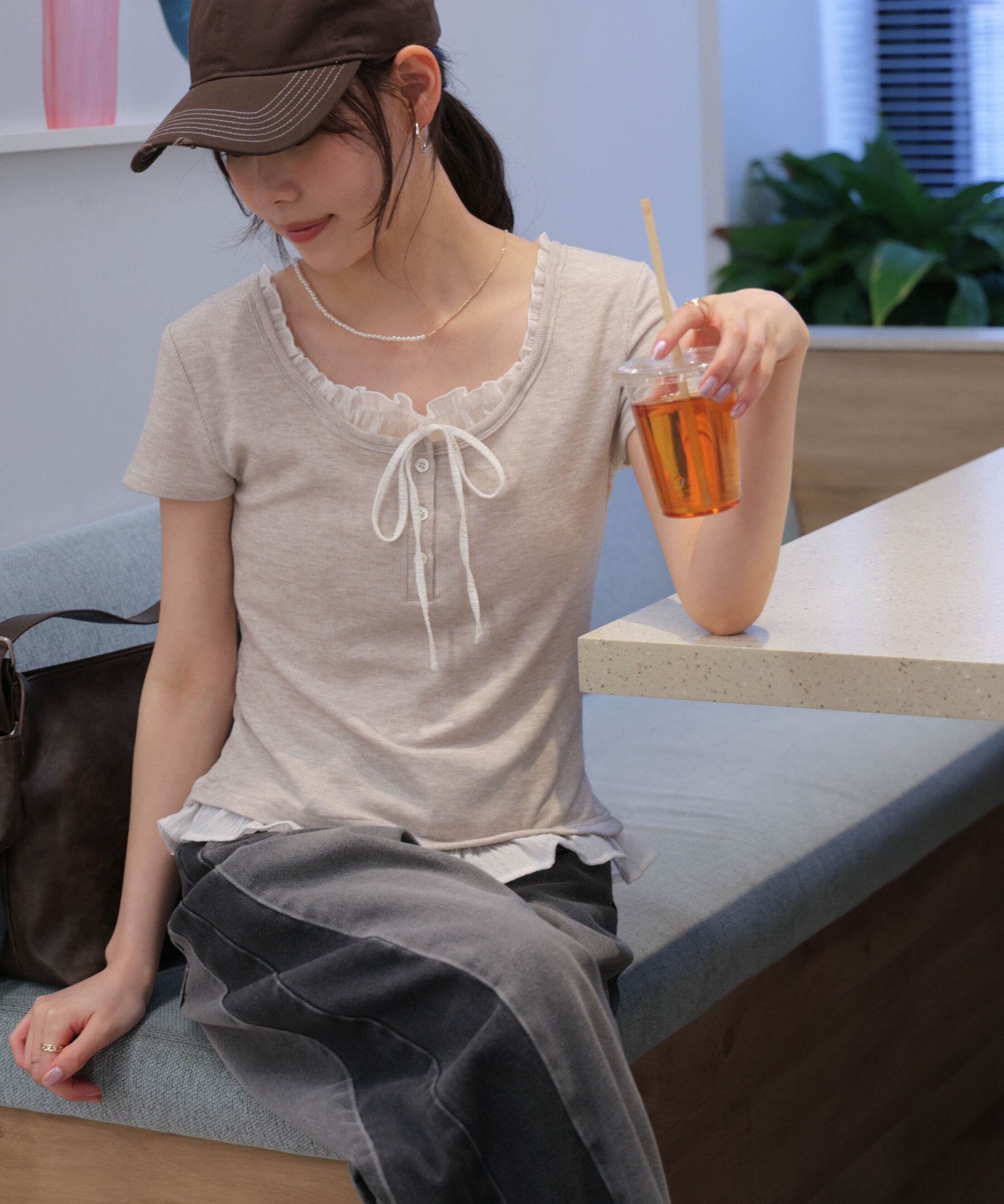  「フェイクレイヤードフリルリボンフレンチスリーブカットソー」|Tシャツ・カットソー|