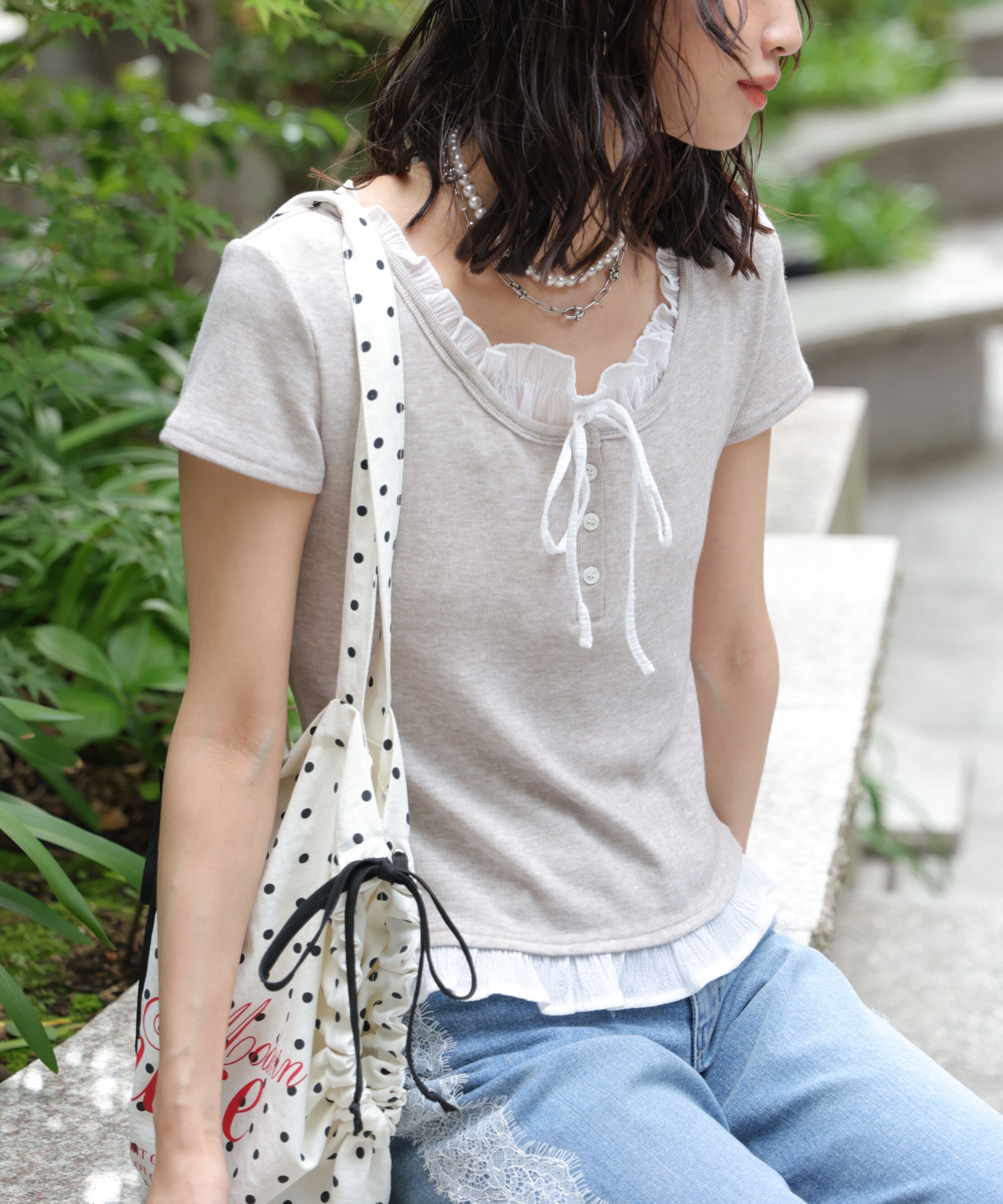  「フェイクレイヤードフリルリボンフレンチスリーブカットソー」|Tシャツ・カットソー|