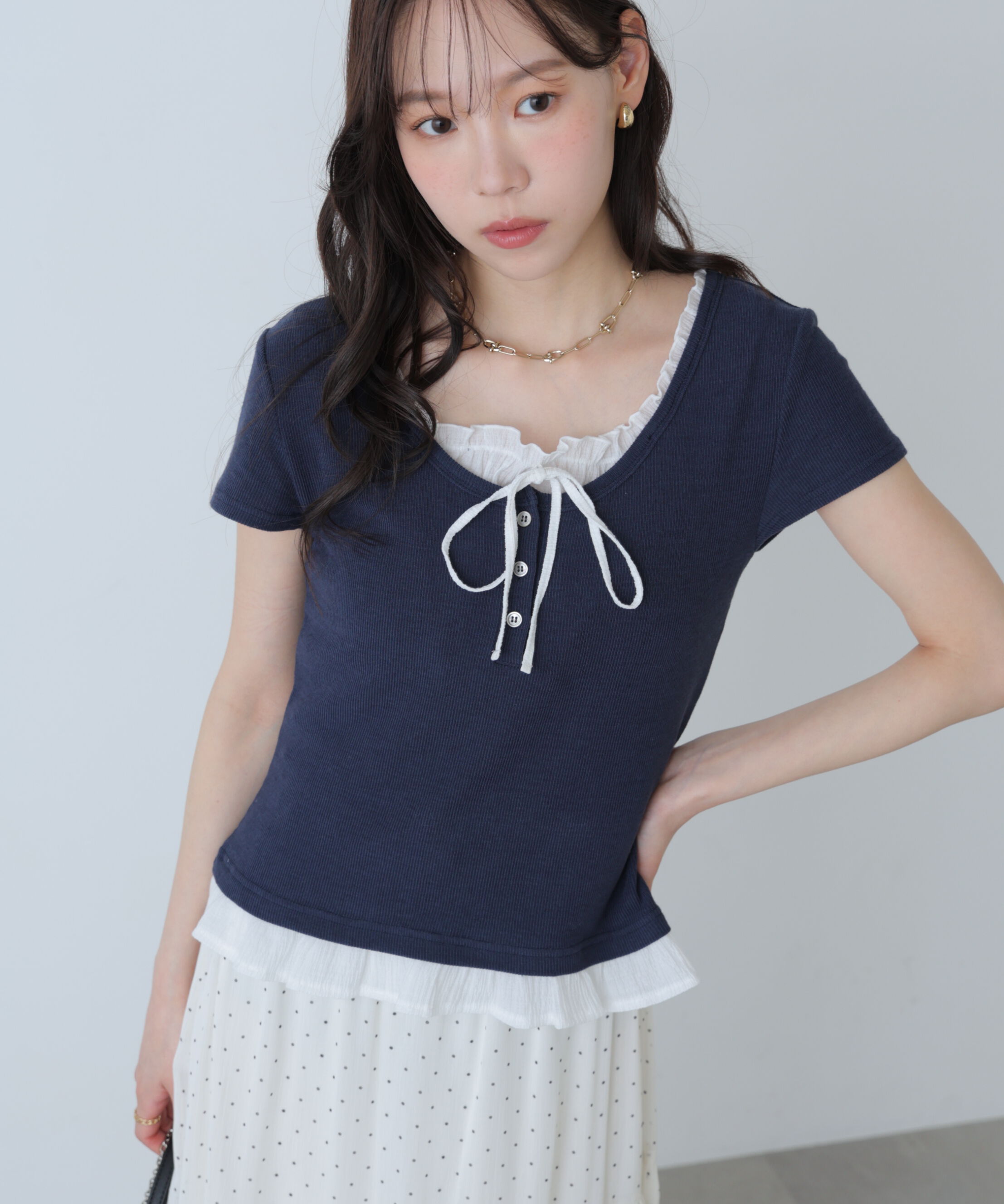  「フェイクレイヤードフリルリボンフレンチスリーブカットソー」|Tシャツ・カットソー|
