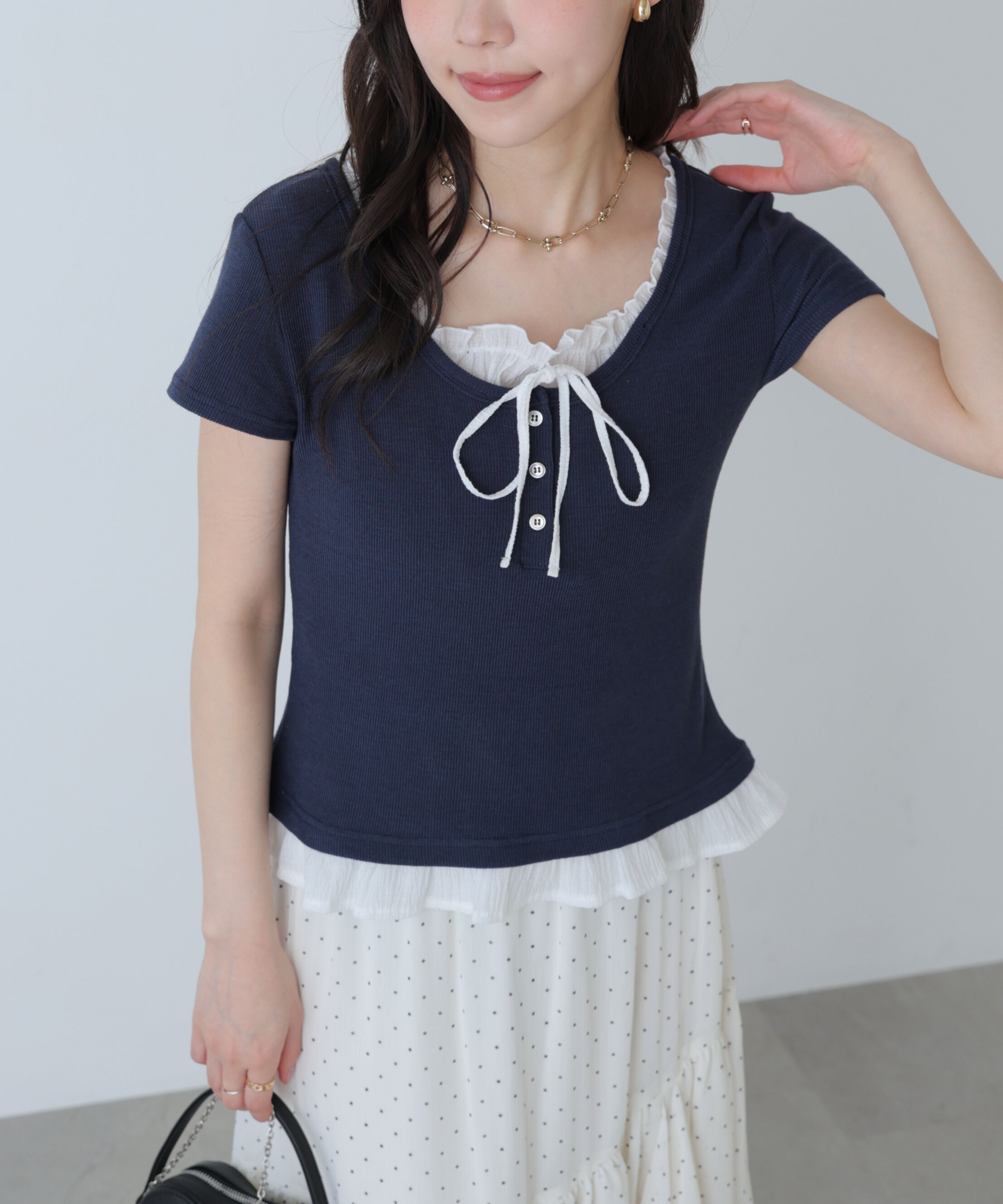  「フェイクレイヤードフリルリボンフレンチスリーブカットソー」|Tシャツ・カットソー|