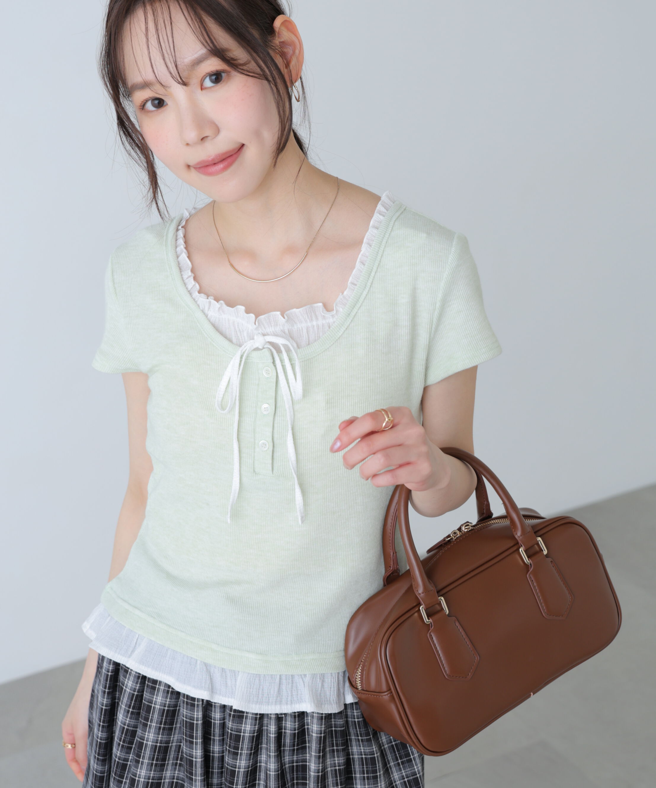  「フェイクレイヤードフリルリボンフレンチスリーブカットソー」|Tシャツ・カットソー|