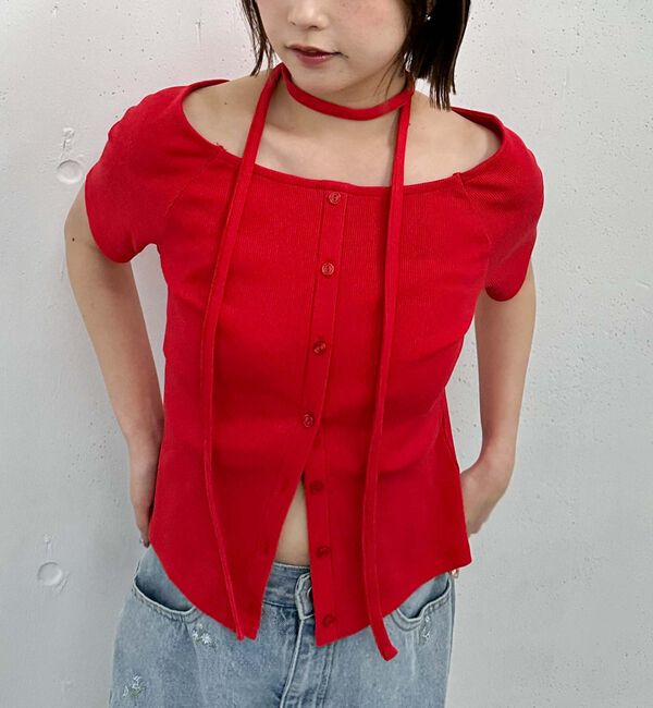 archives「ＦボタンオフショルリブＴＯＰＳ」|Tシャツ・カットソー|RED