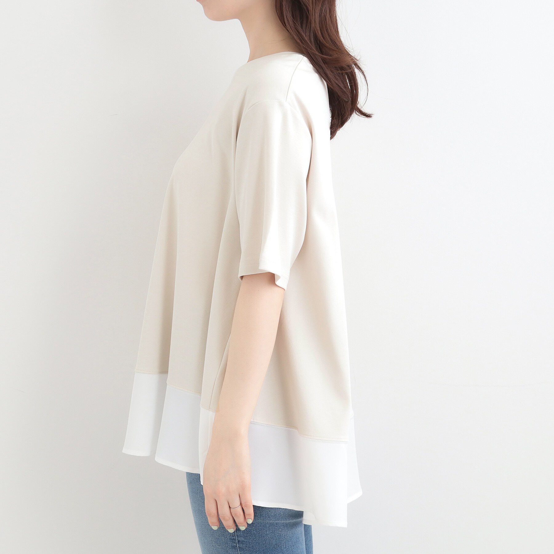 SHOO･LA･RUE「【ひんやり/UV/抗菌防臭】体型カバーも叶う 裾切り替えAライントップス」|Tシャツ・カットソー|