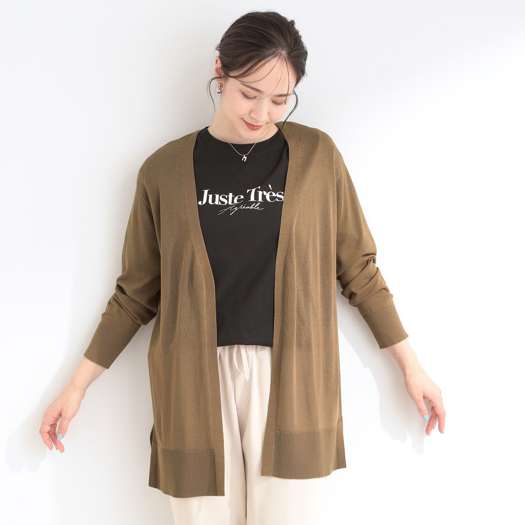 SHOO･LA･RUE「【ひんやり/洗濯機可/S-LL】着る方がすっきり見えに マルチに使えるミドルトッパーカーディガン」|カーディガン|