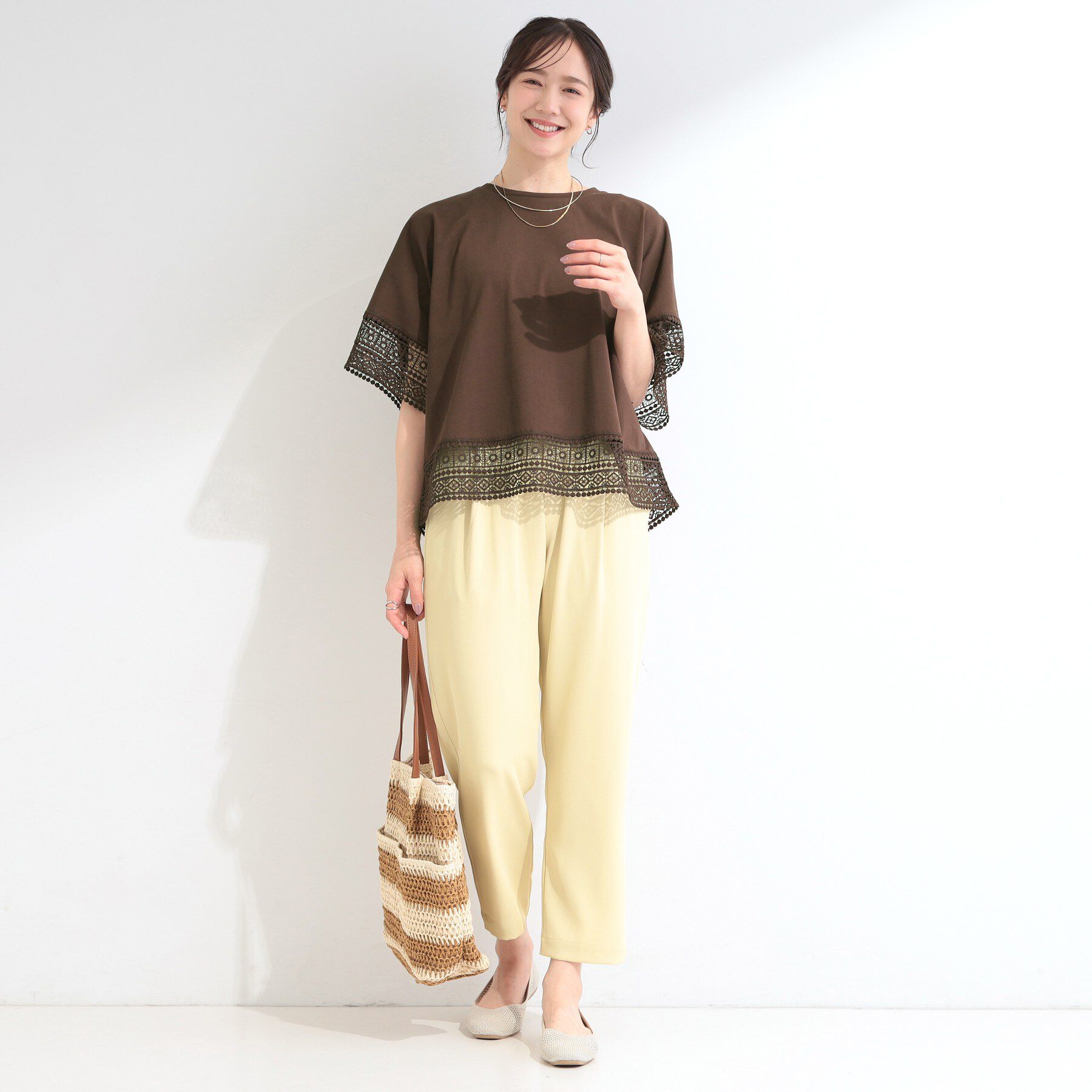 SHOO･LA･RUE「【洗濯機可/ひんやり/体型カバー/S-LL】レース使いがポイント デザインTシャツ」|Tシャツ・カットソー|